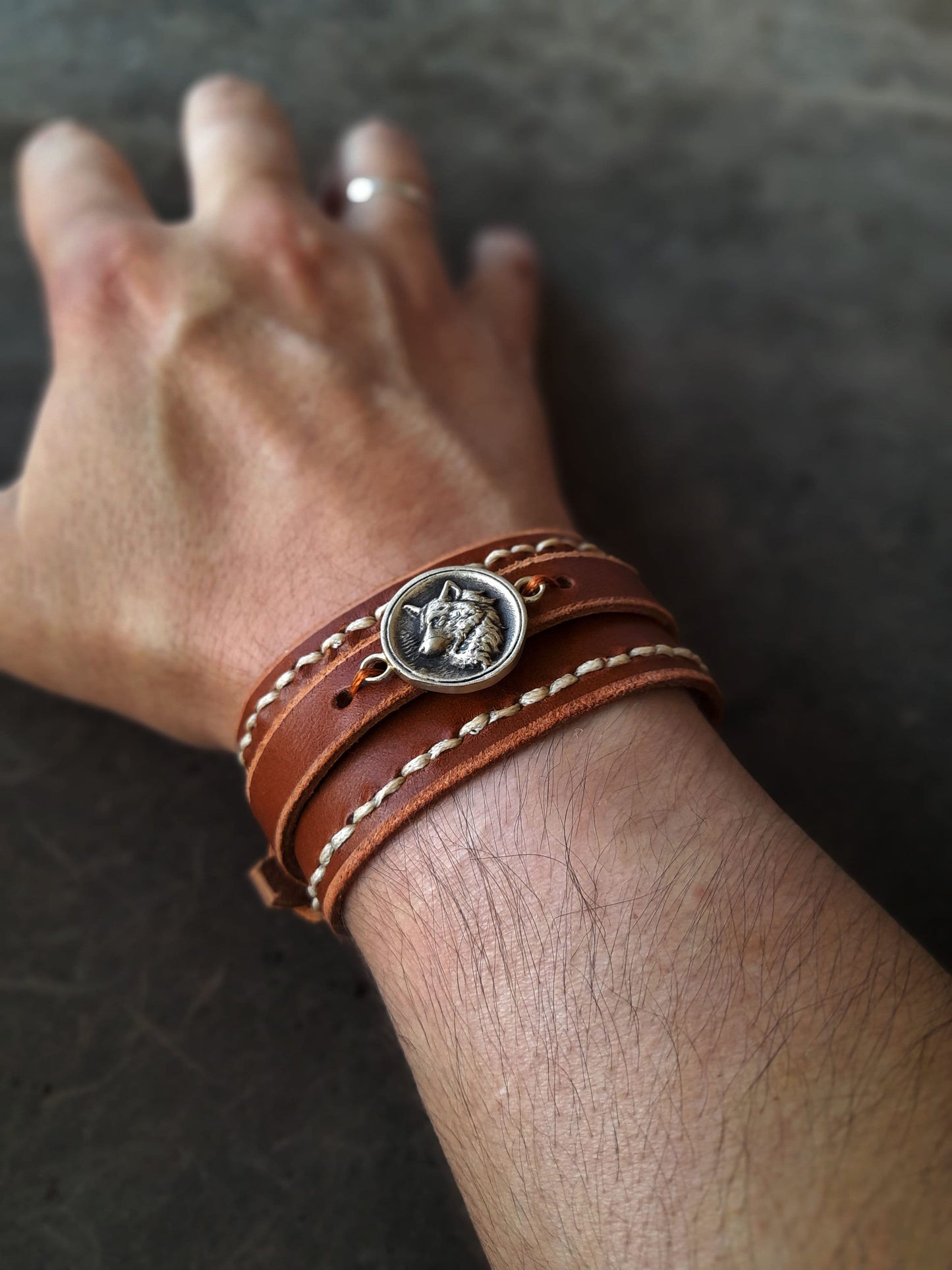 Wide Brown Leather Cuff with Wolf Pendant