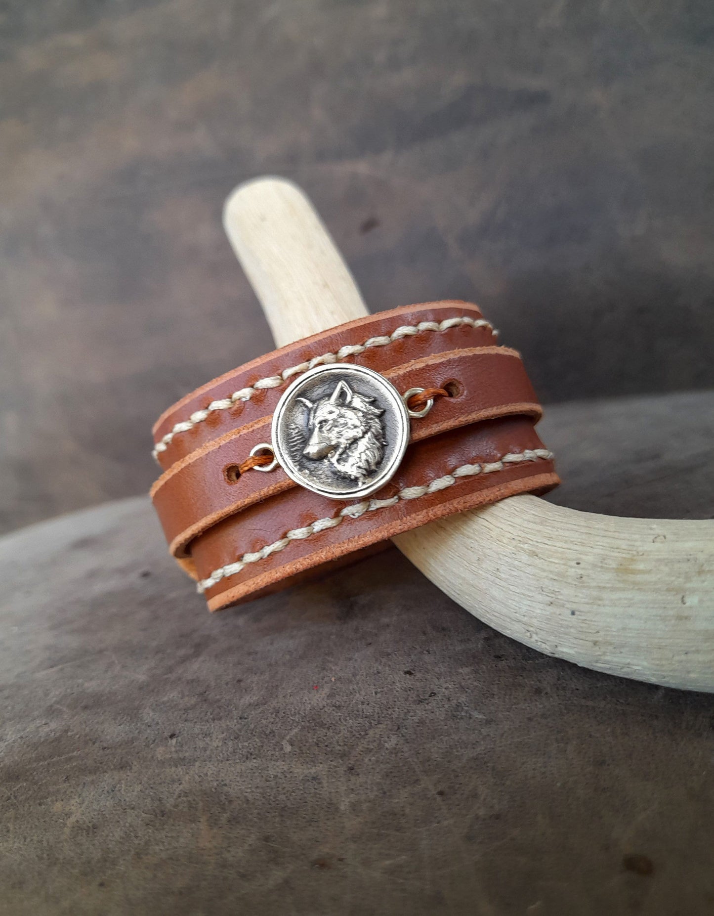 Wide Brown Leather Cuff with Wolf Pendant