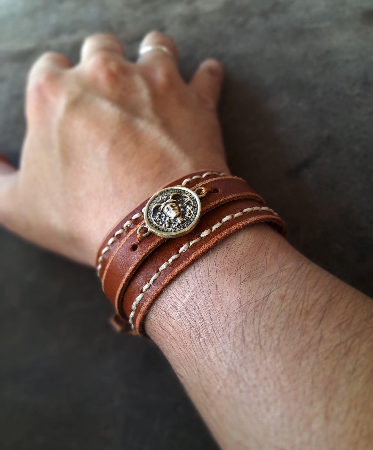 Greek Medusa Wide Leather Cuff Bracelet