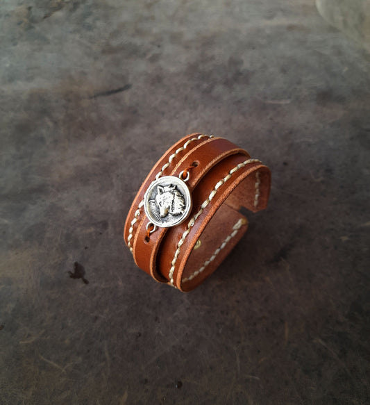 Wide Brown Leather Cuff with Wolf Pendant