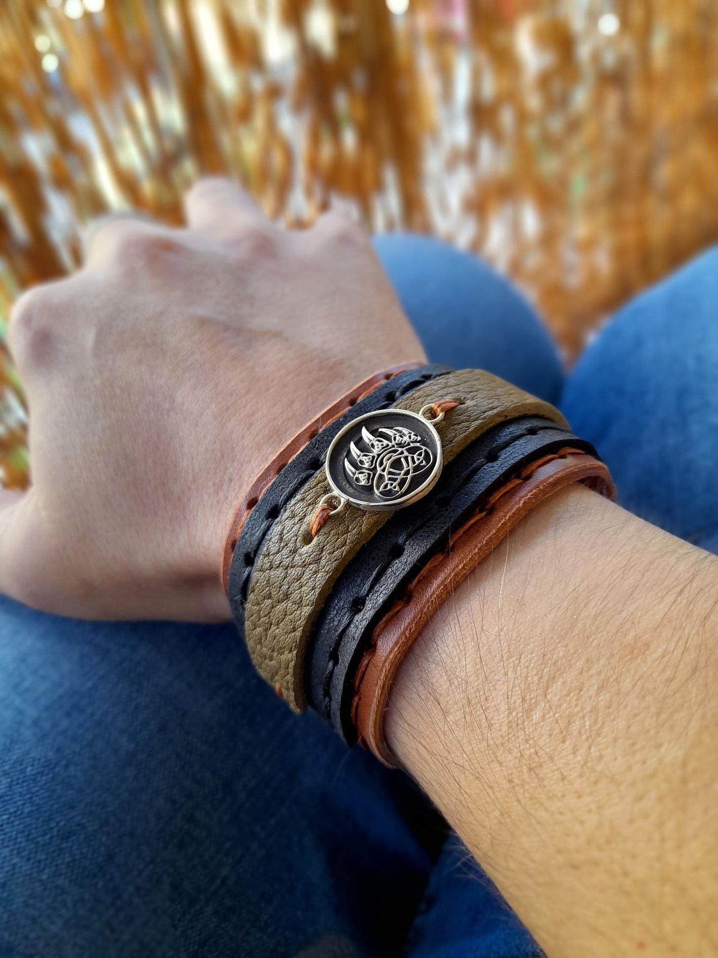 Tribal Bear Claw Wide Leather Cuff Bracelet