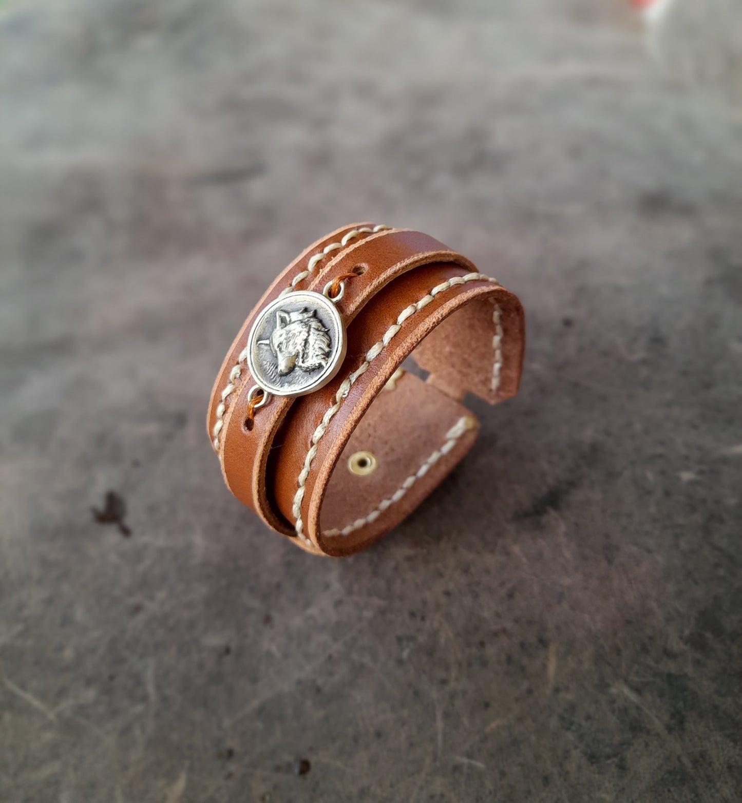 Wide Brown Leather Cuff with Wolf Pendant