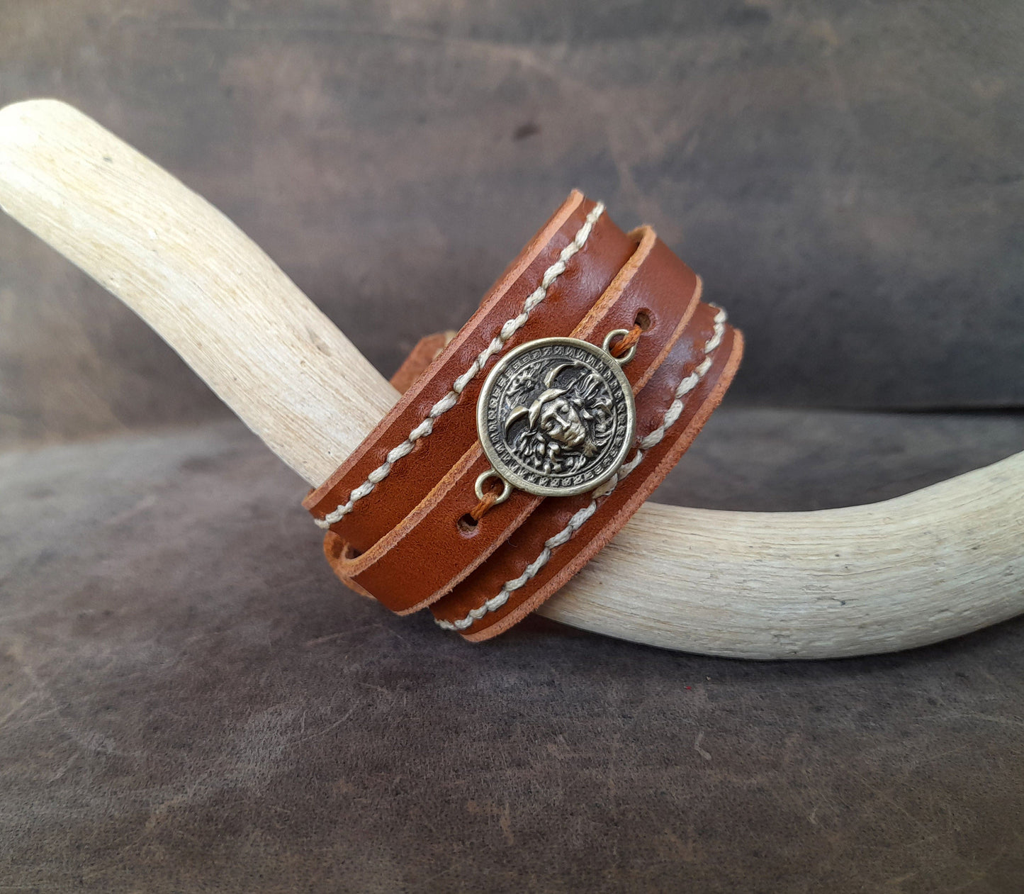 Greek Medusa Wide Leather Cuff Bracelet