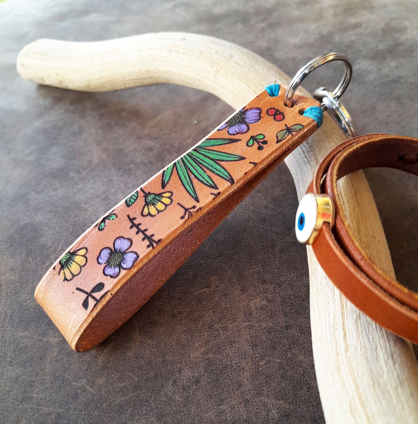 Floral Cactus Hand Painted Leather Keychain