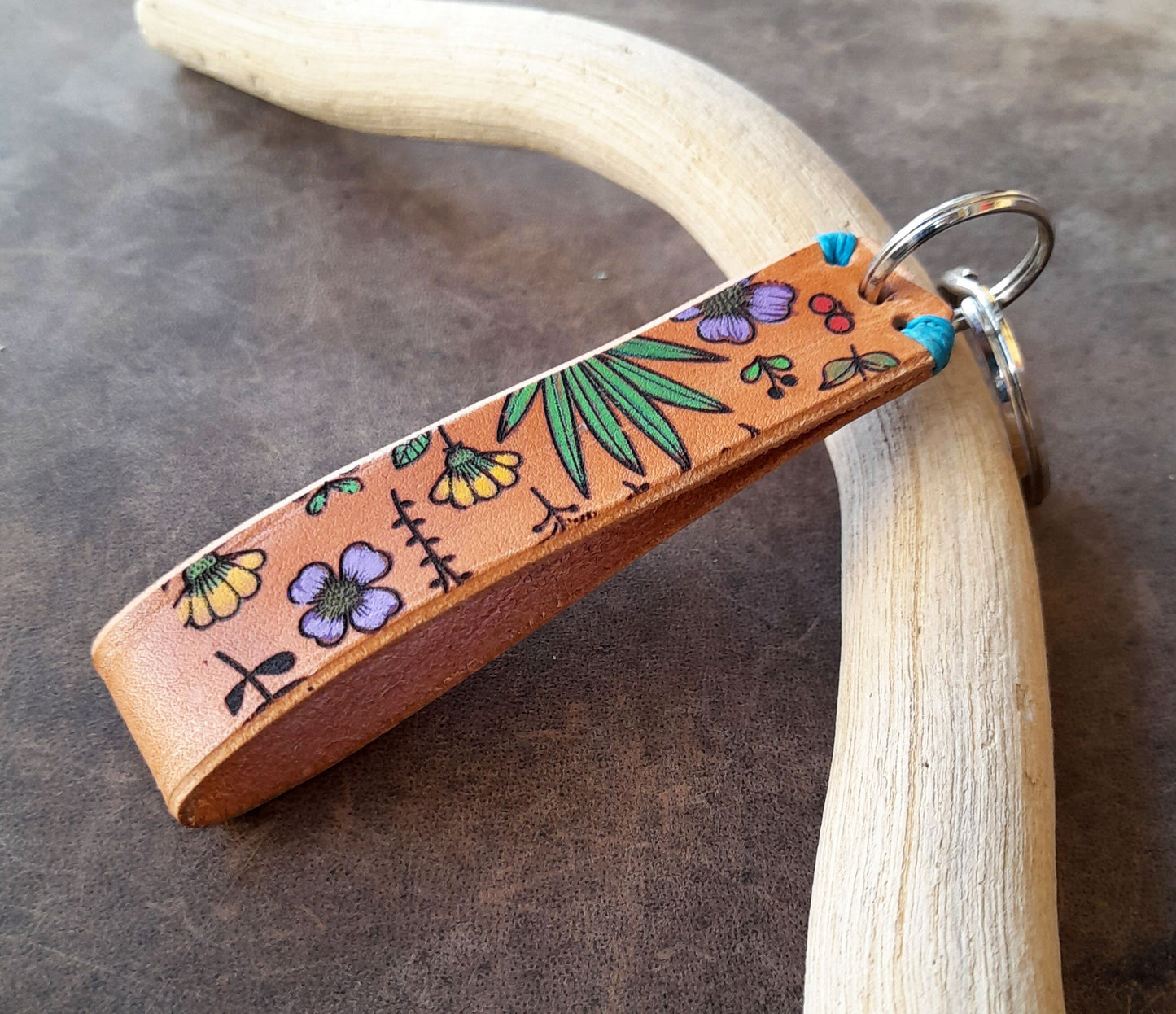 Floral Cactus Hand Painted Leather Keychain