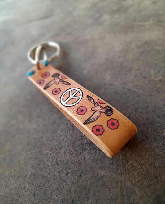 Personalizable Leather Keychain with Peace Symbol and Doves