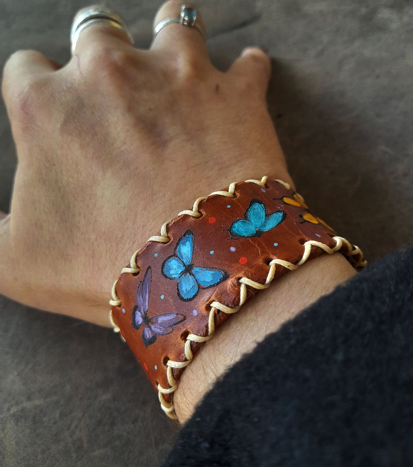 Hand Painted Butterfly Leather Bracelet