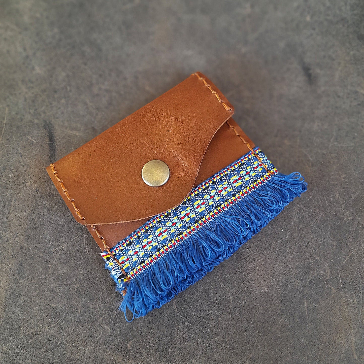 Leather Card Wallet with Blue Ethnic Fringe