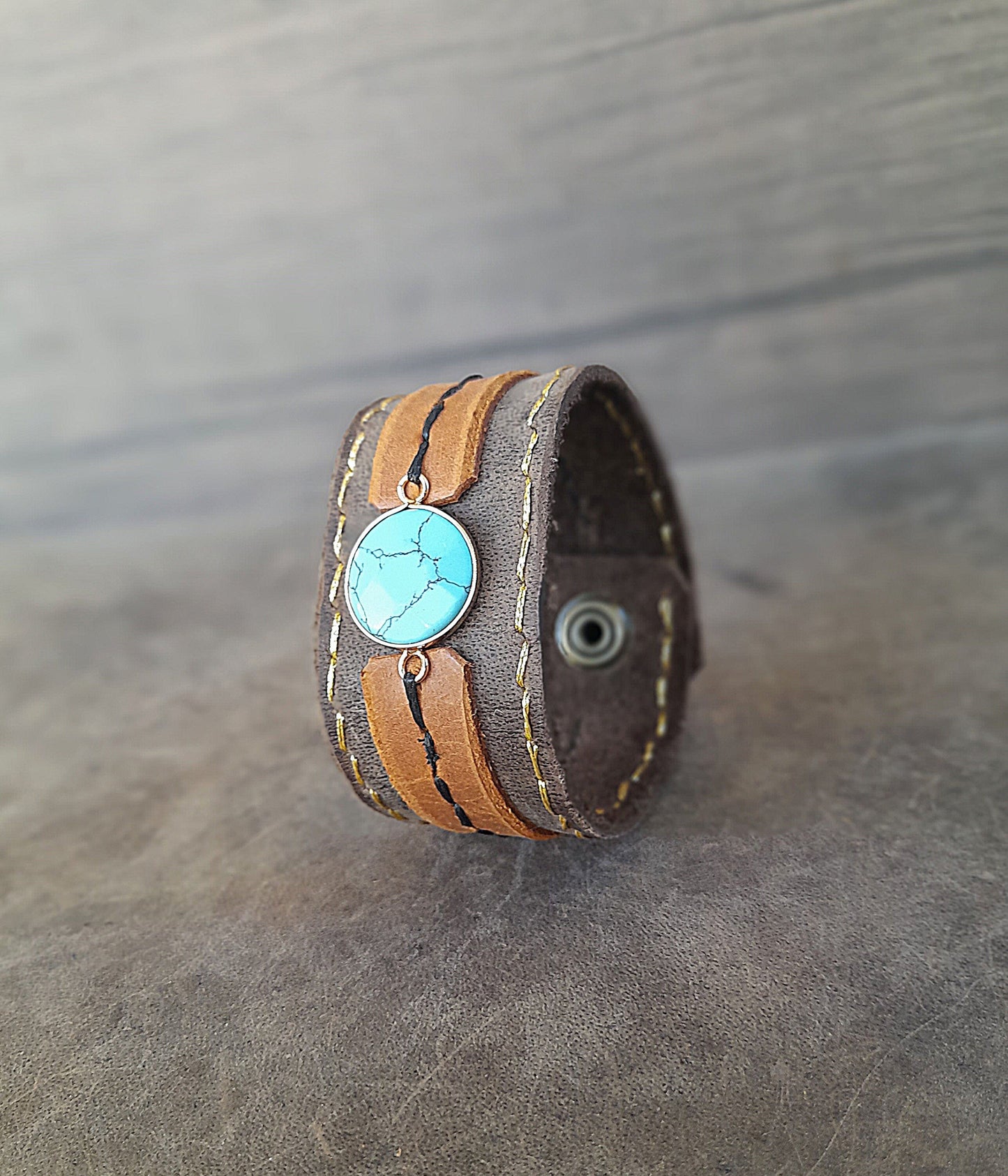 Handmade Wide Boho Leather Cuff with Turquoise