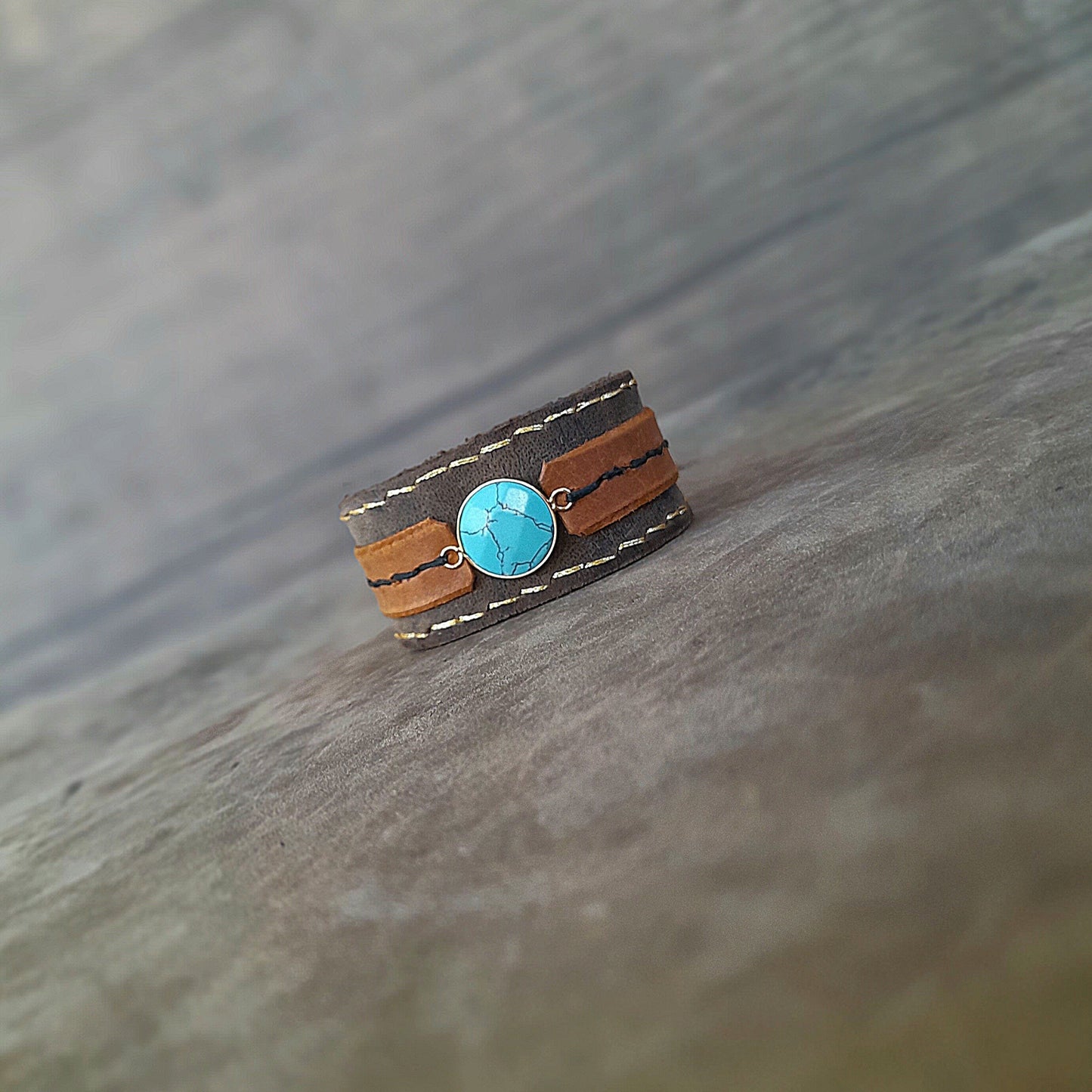 Handmade Wide Boho Leather Cuff with Turquoise