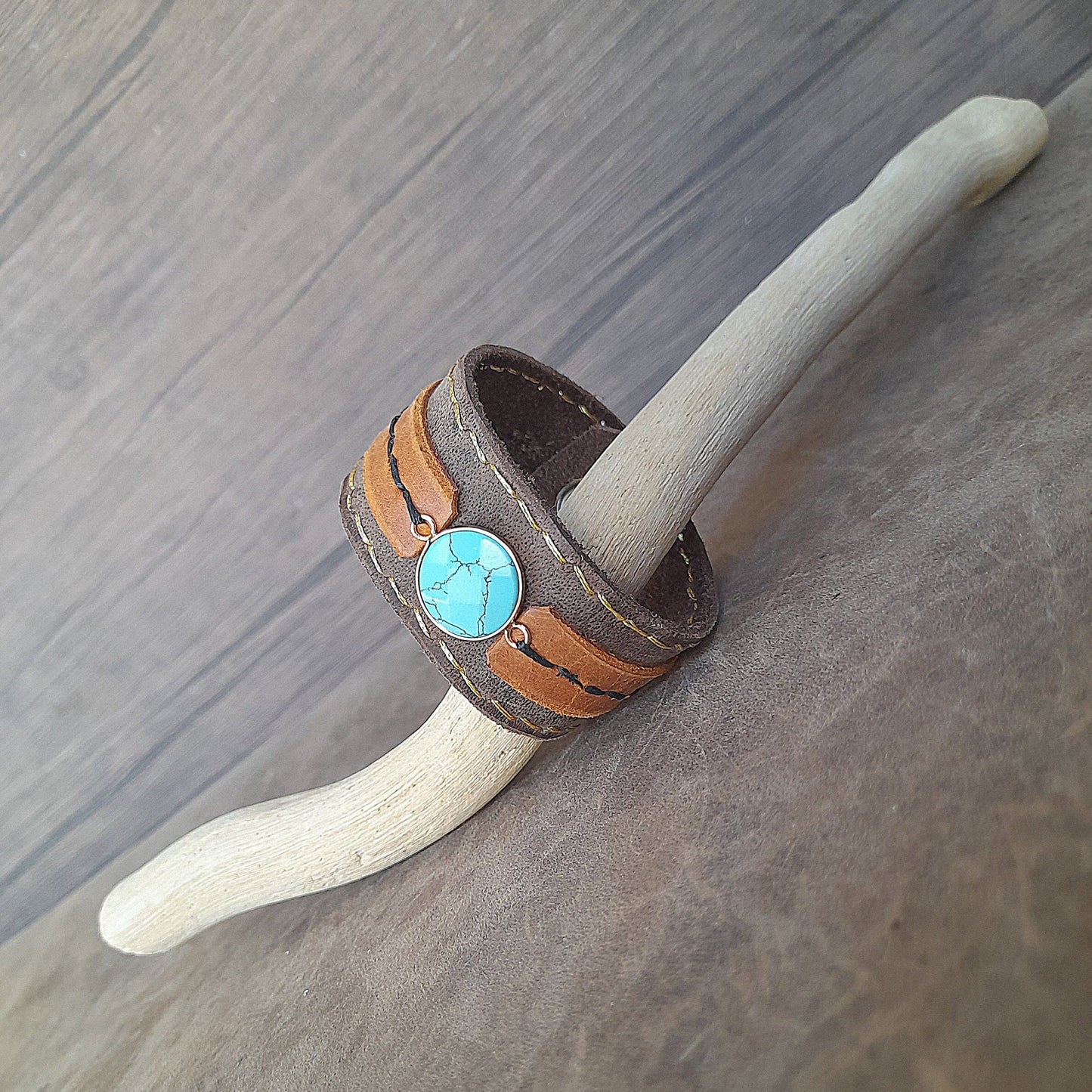 Handmade Wide Boho Leather Cuff with Turquoise