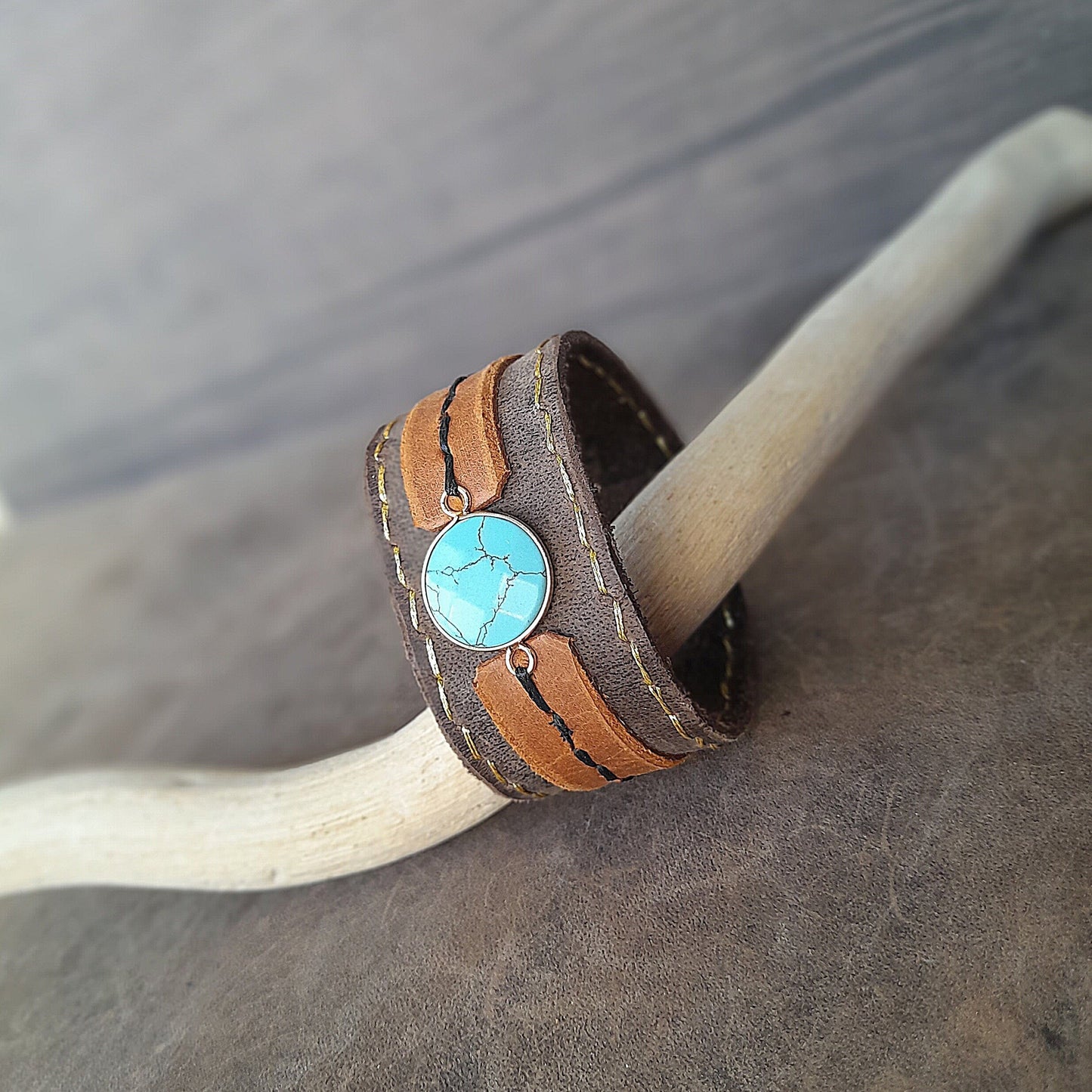 Handmade Wide Boho Leather Cuff with Turquoise