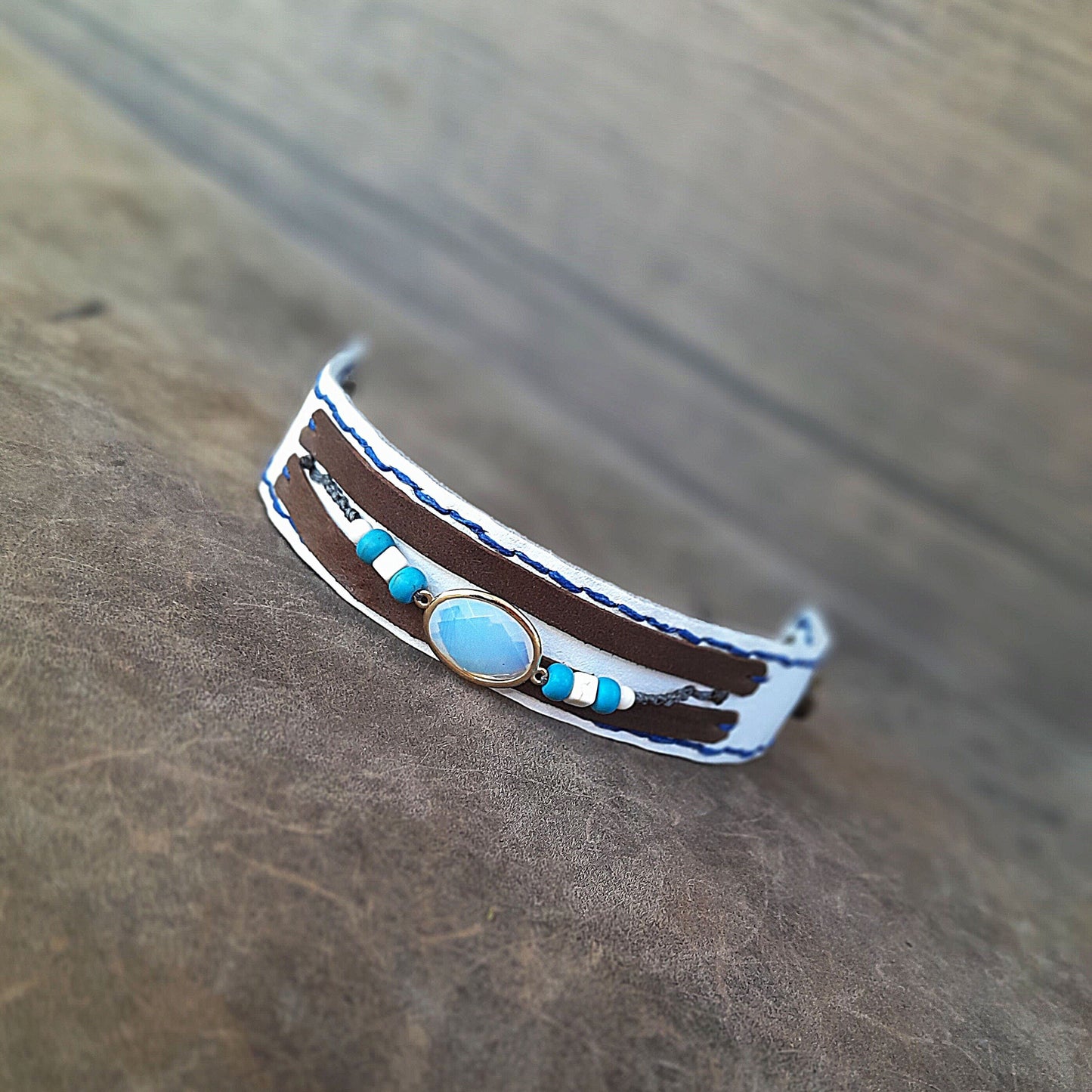 Boho Leather Cuff with Opal Pendant