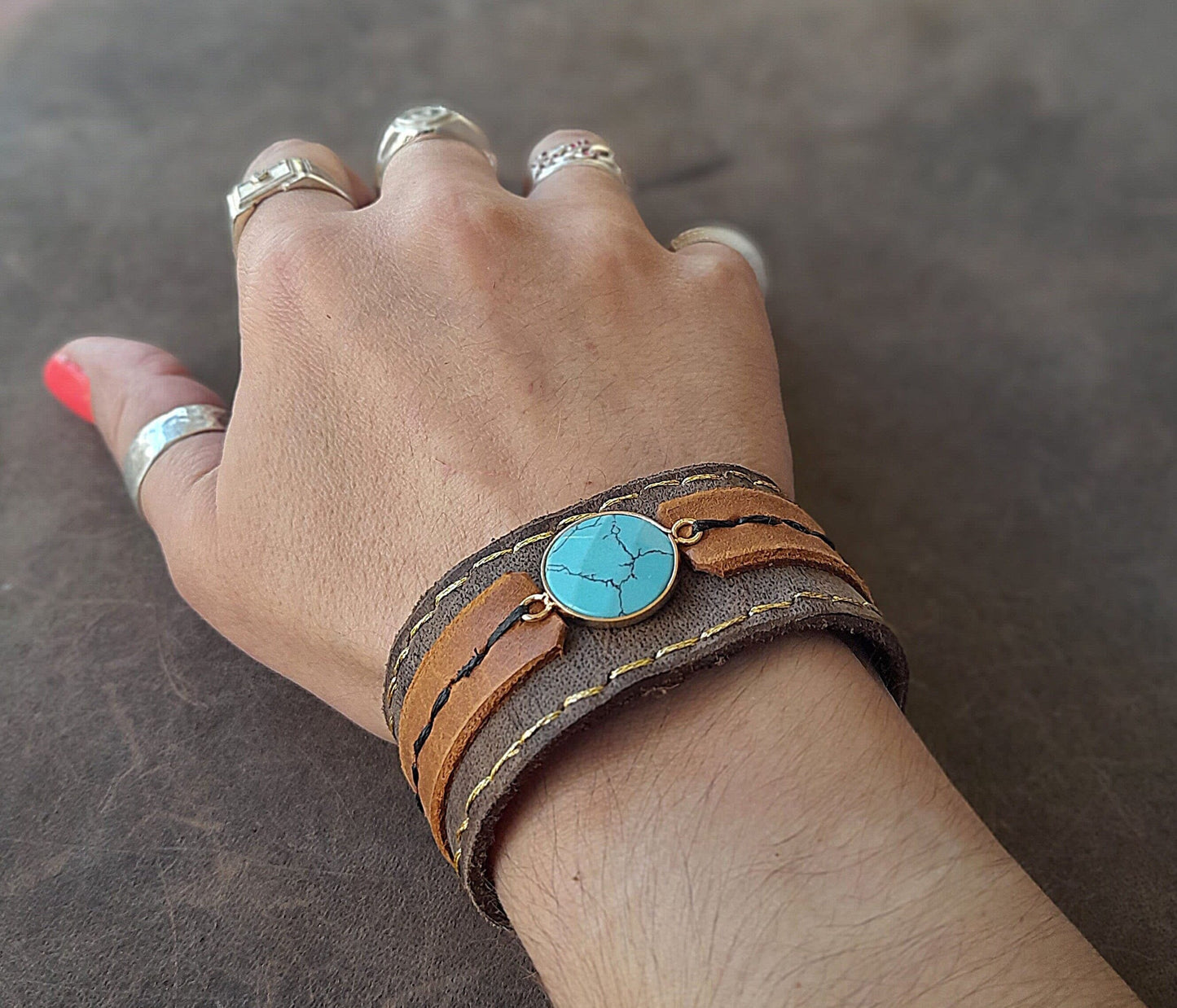 Handmade Wide Boho Leather Cuff with Turquoise