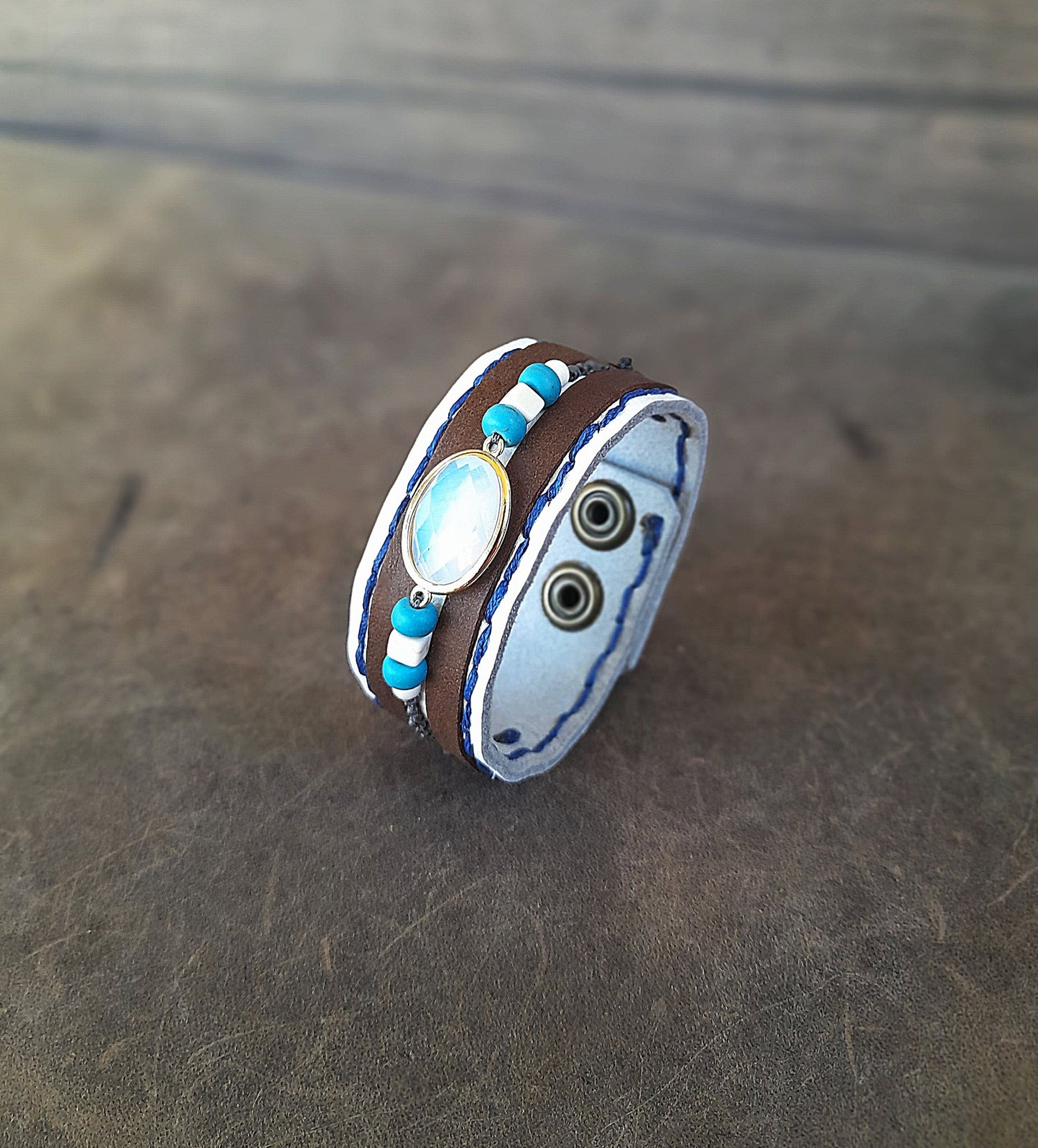 Boho Leather Cuff with Opal Pendant