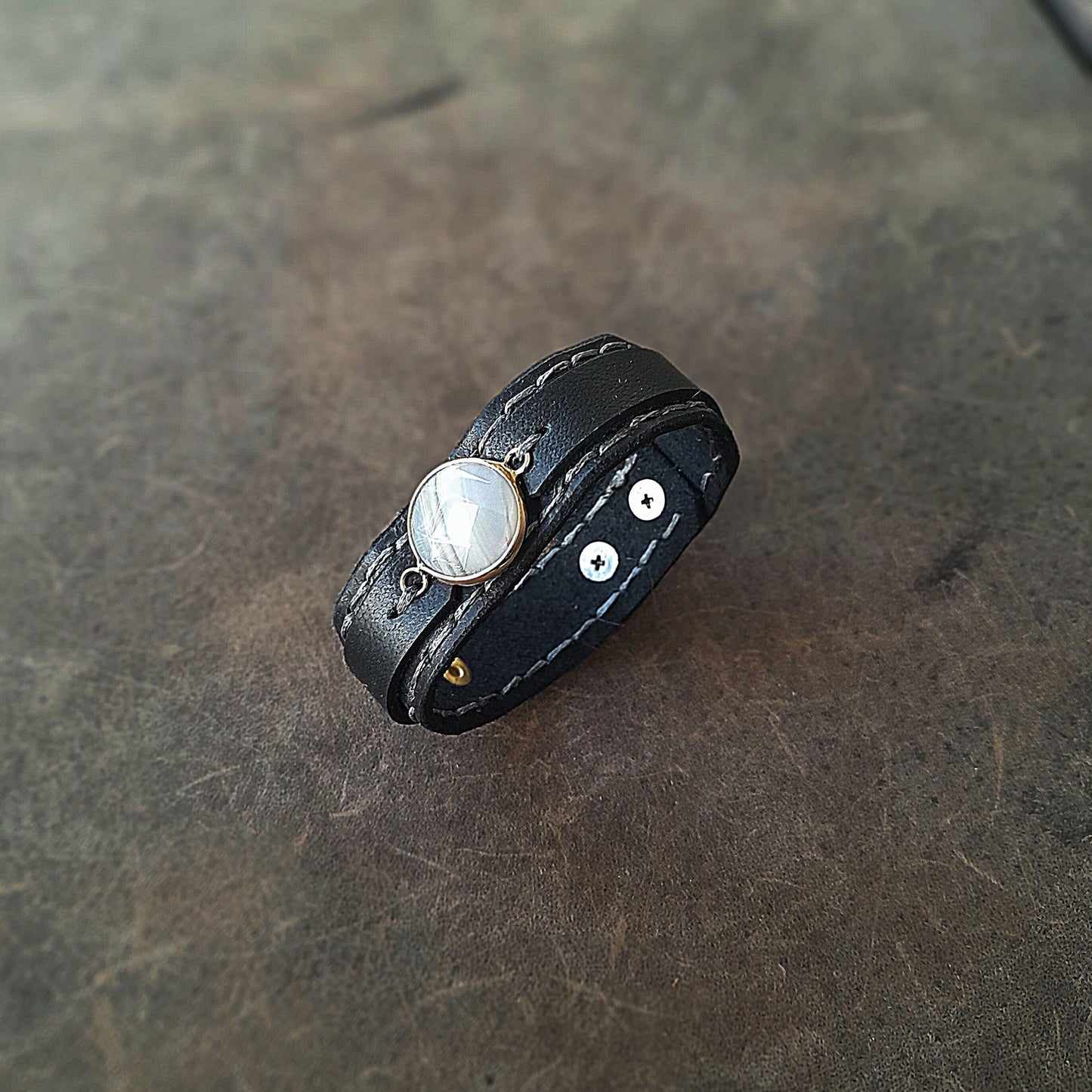 Black Leather Bracelet with Agate