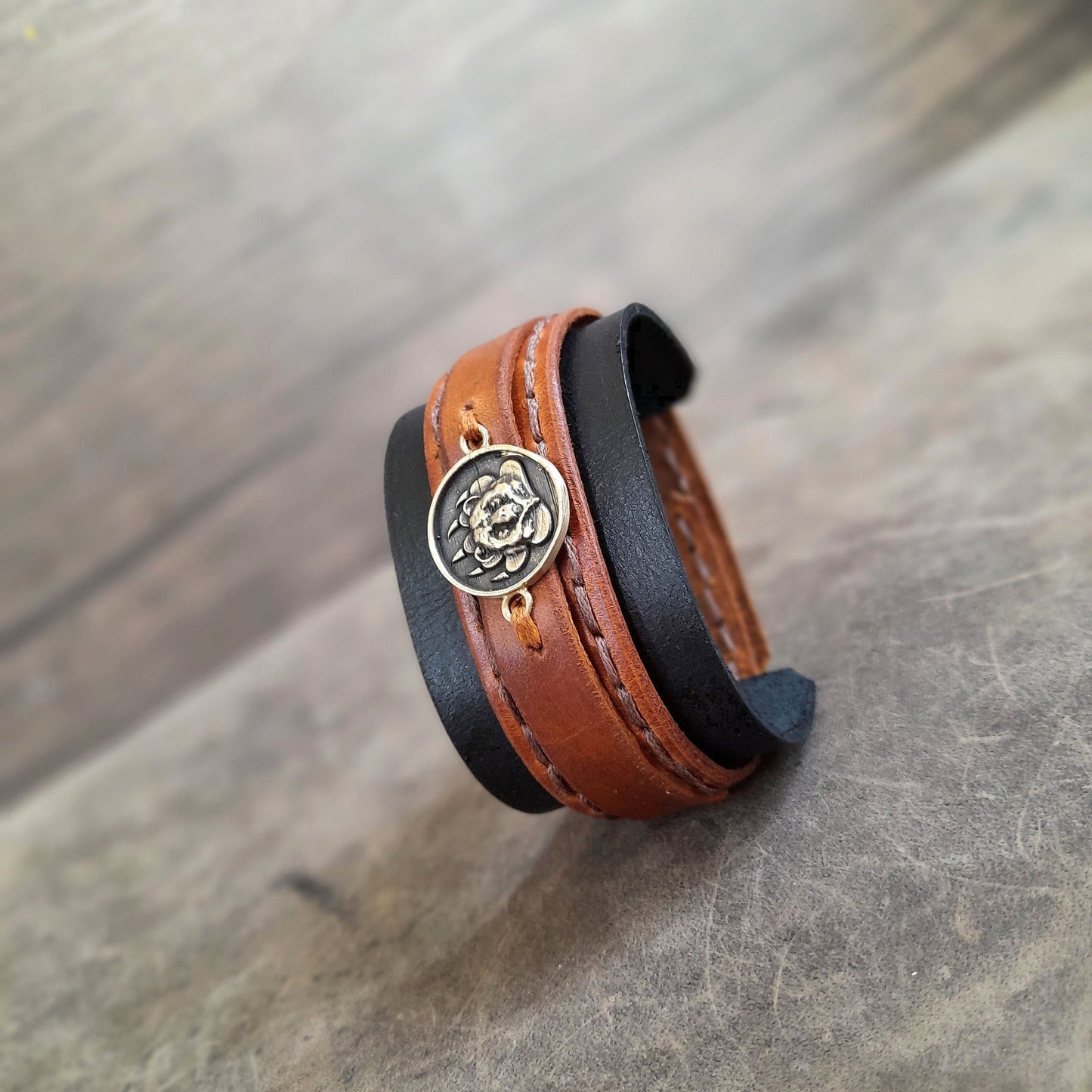 Grizzly Bear Wide Leather Cuff Bracelet