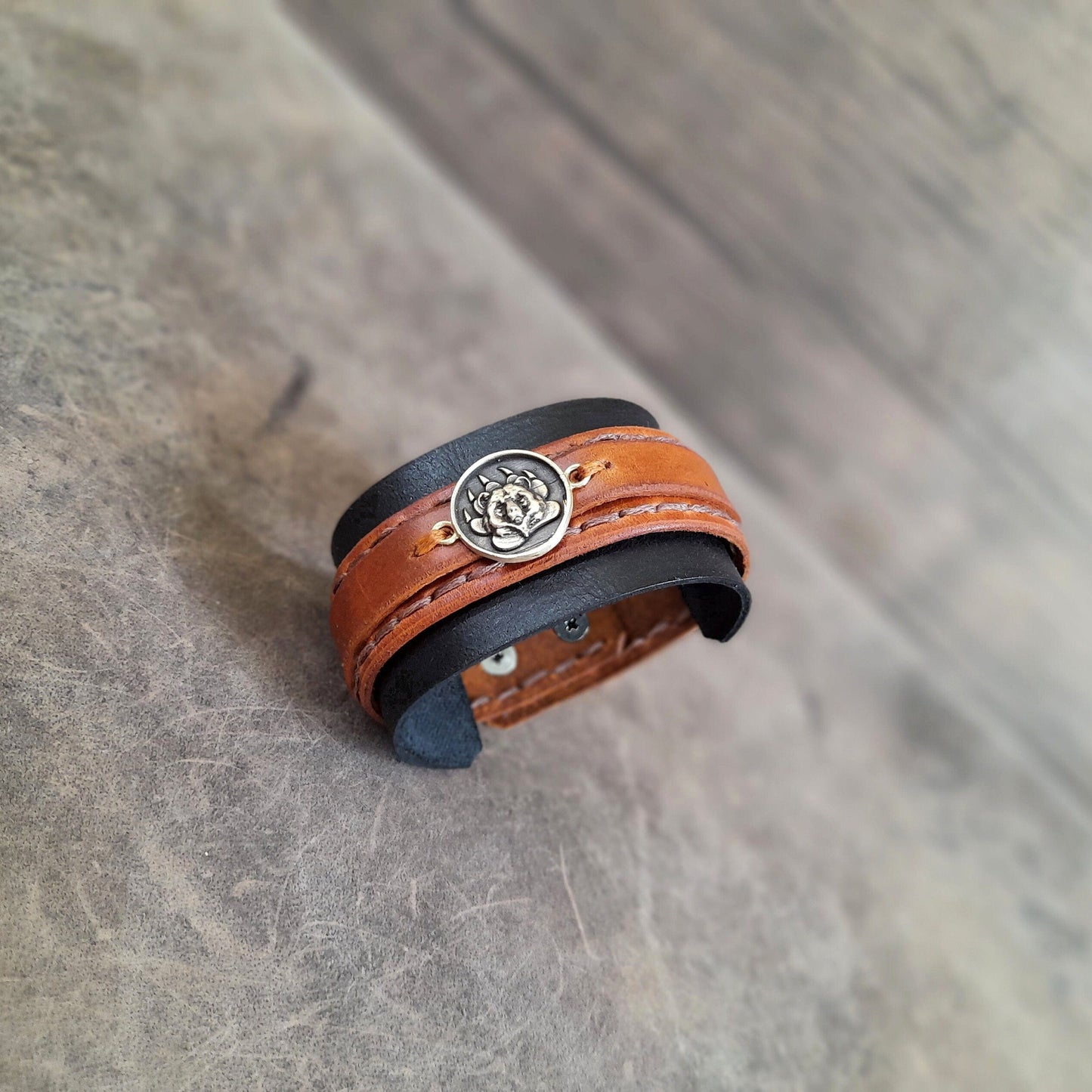 Grizzly Bear Wide Leather Cuff Bracelet