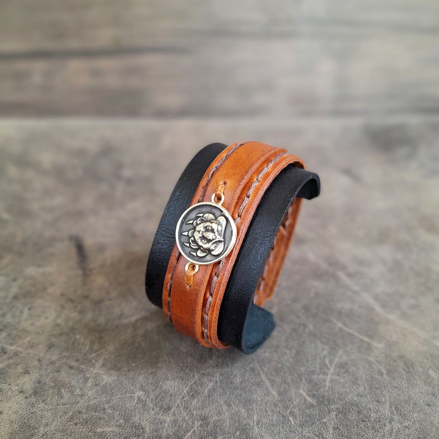 Grizzly Bear Wide Leather Cuff Bracelet