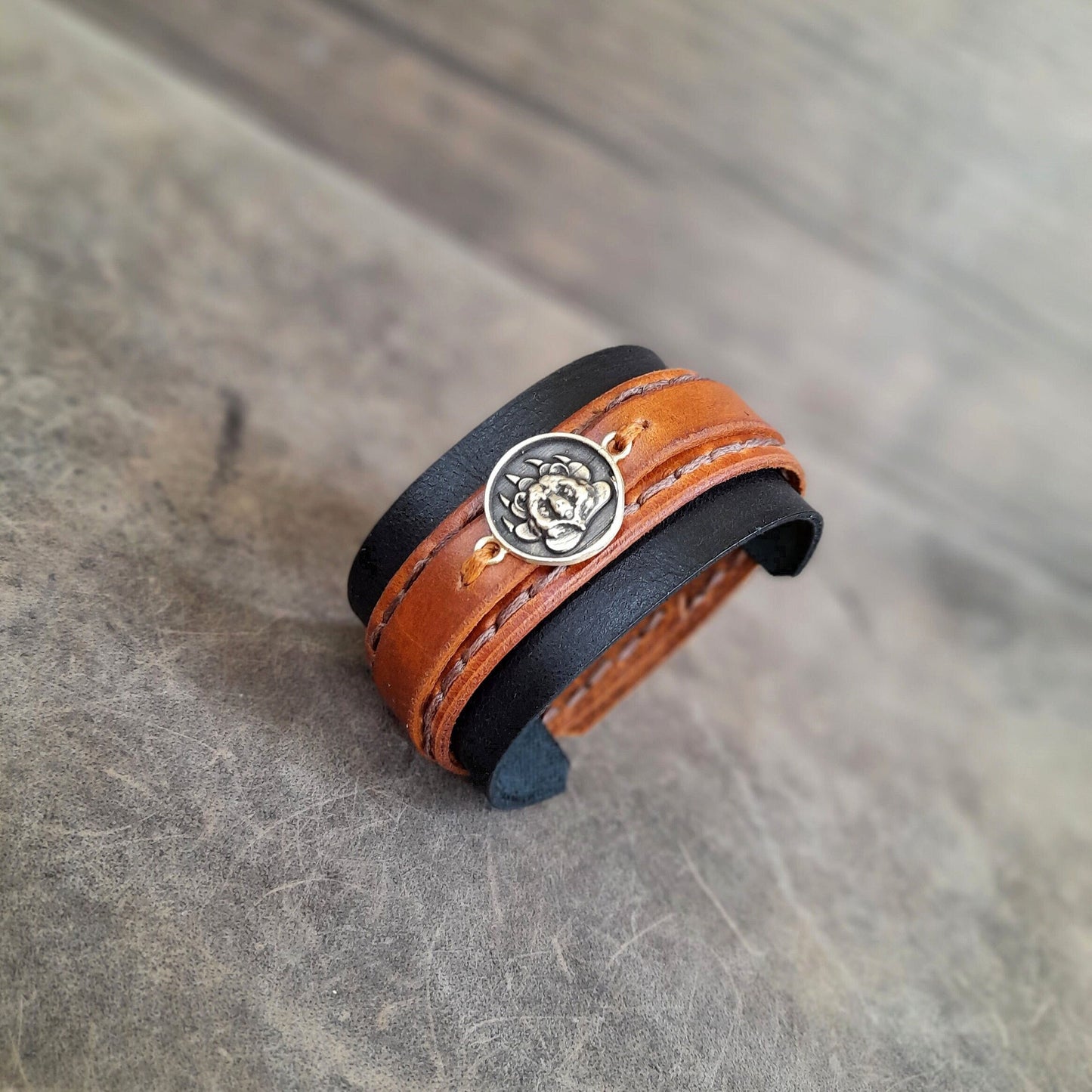 Grizzly Bear Wide Leather Cuff Bracelet