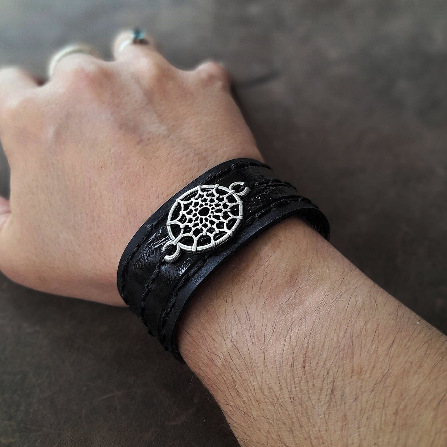 Dream Catcher Black Leather Cuff Bracelet