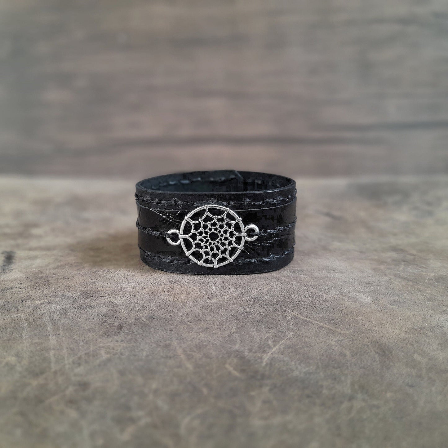 Dream Catcher Black Leather Cuff Bracelet