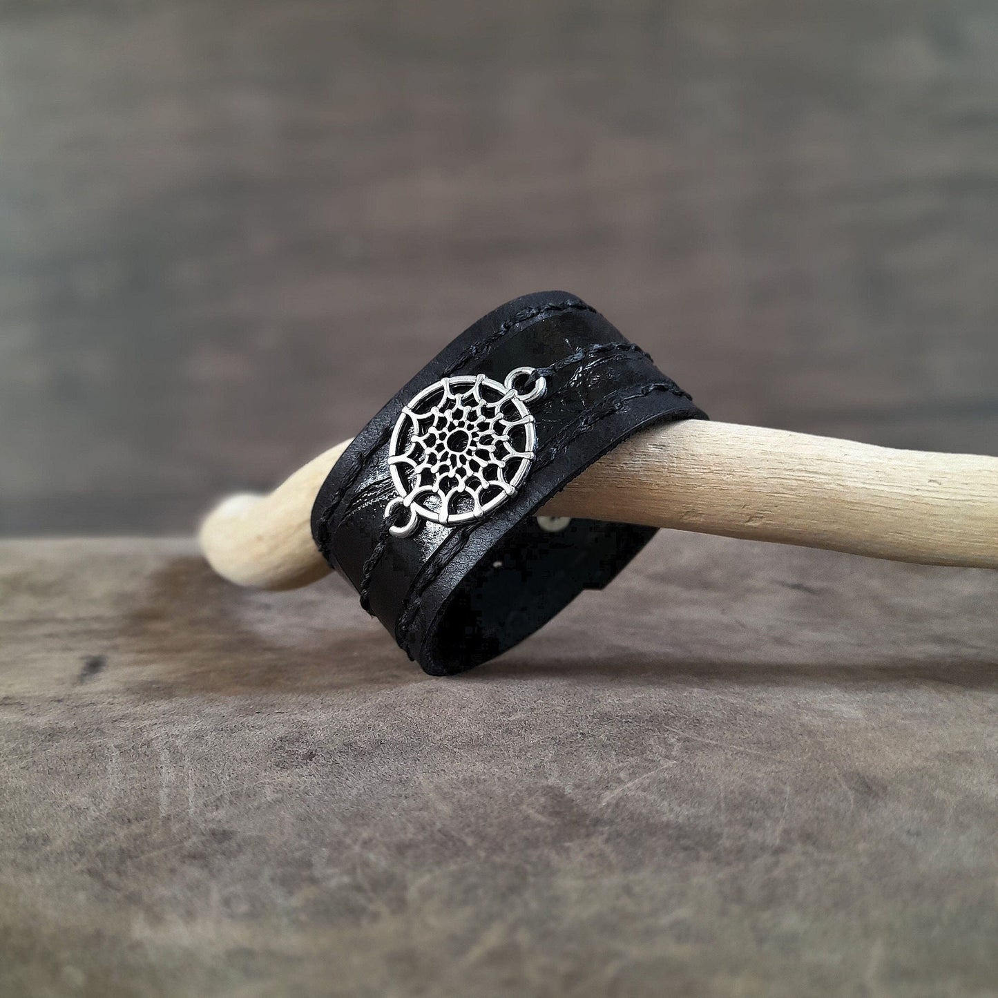 Dream Catcher Black Leather Cuff Bracelet