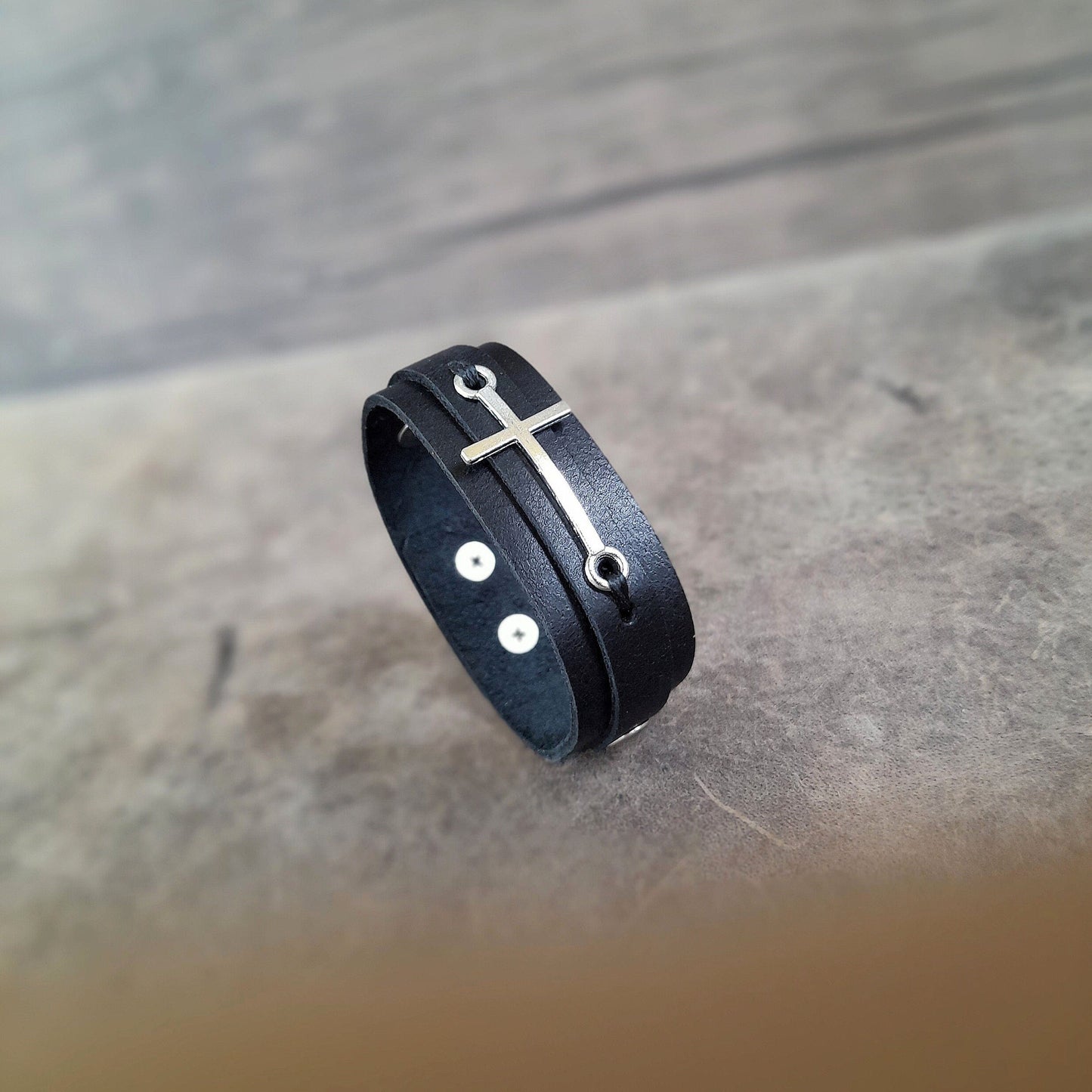 Minimalist Silver Cross Black Leather Bracelet