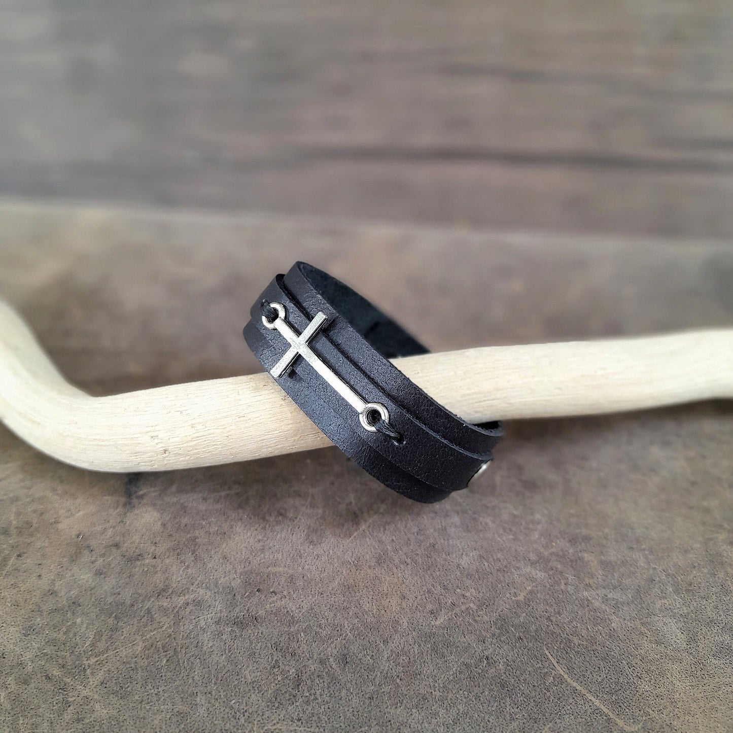 Minimalist Silver Cross Black Leather Bracelet