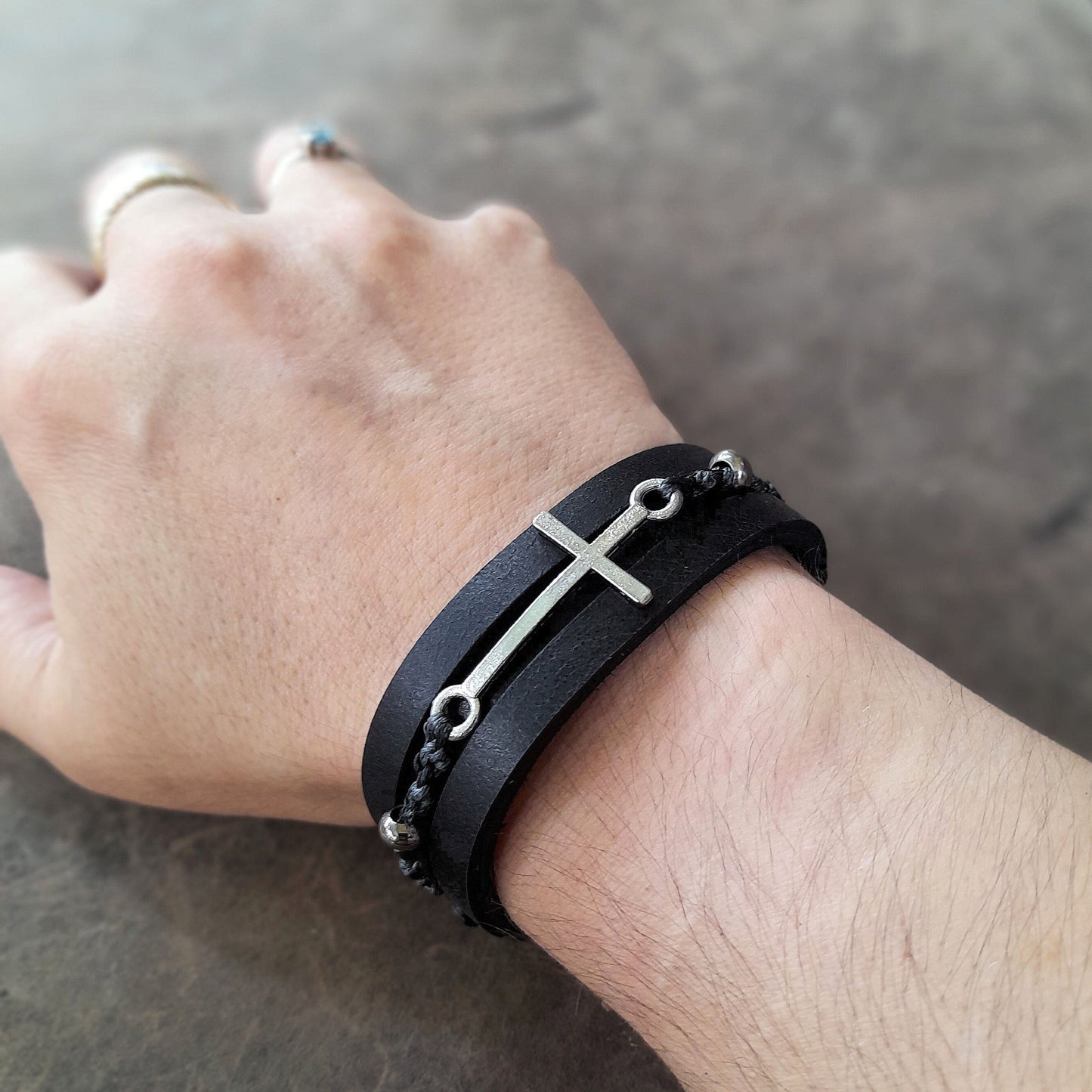 Black Leather Bracelet with Silver Cross and Hematite