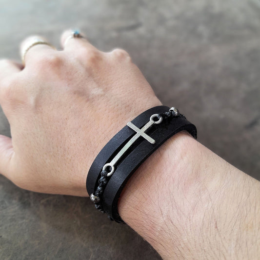 Black Leather Bracelet with Silver Cross and Hematite