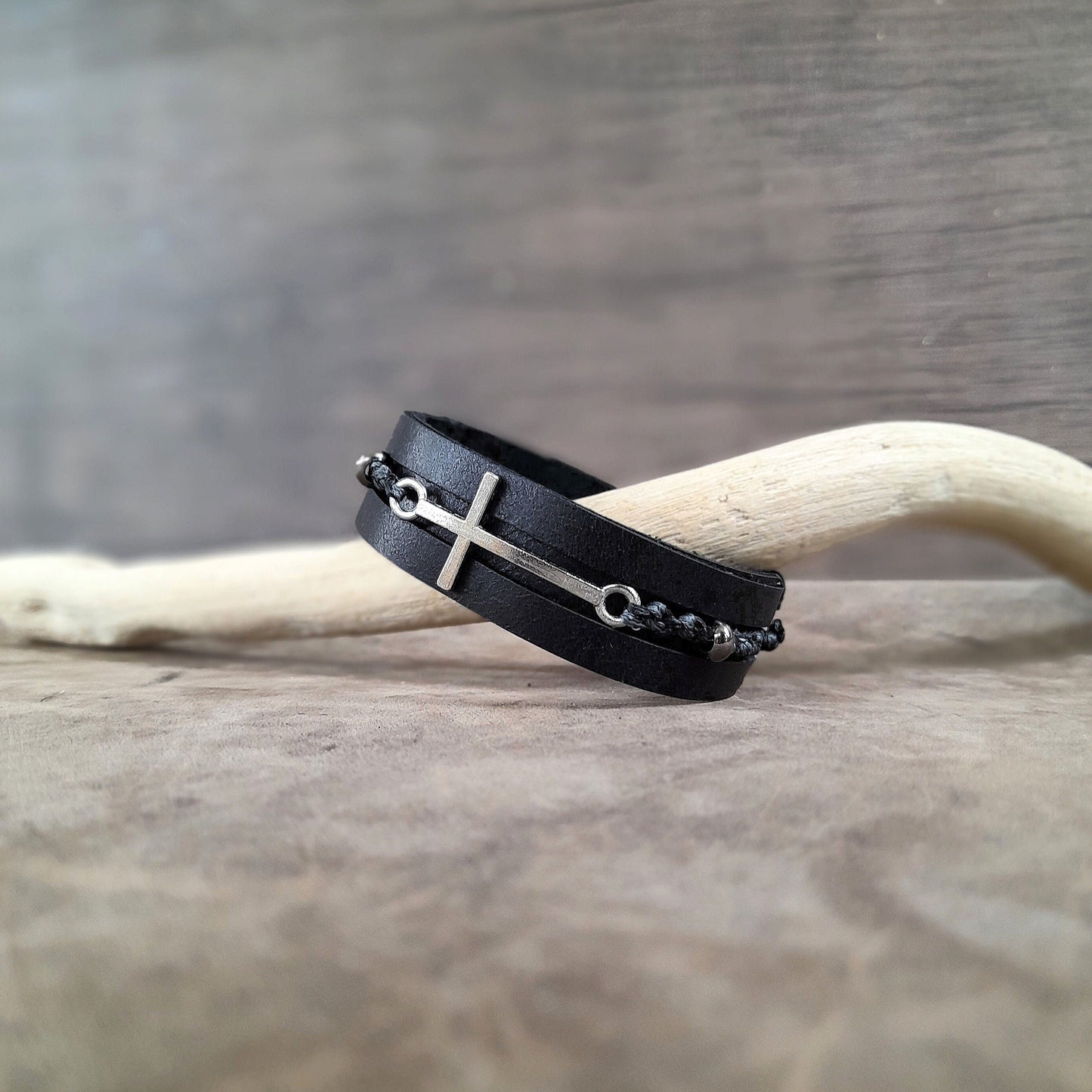 Black Leather Bracelet with Silver Cross and Hematite