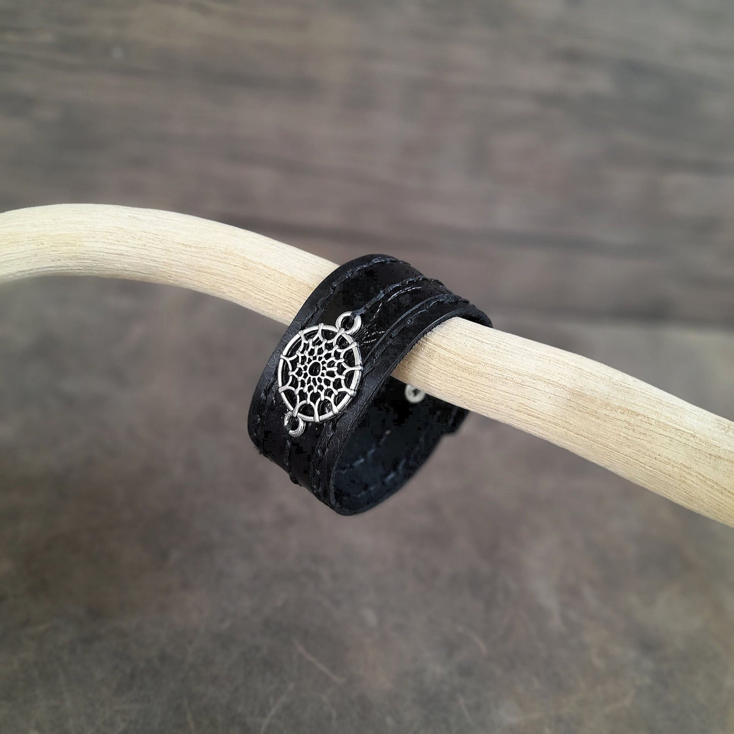 Dream Catcher Black Leather Cuff Bracelet