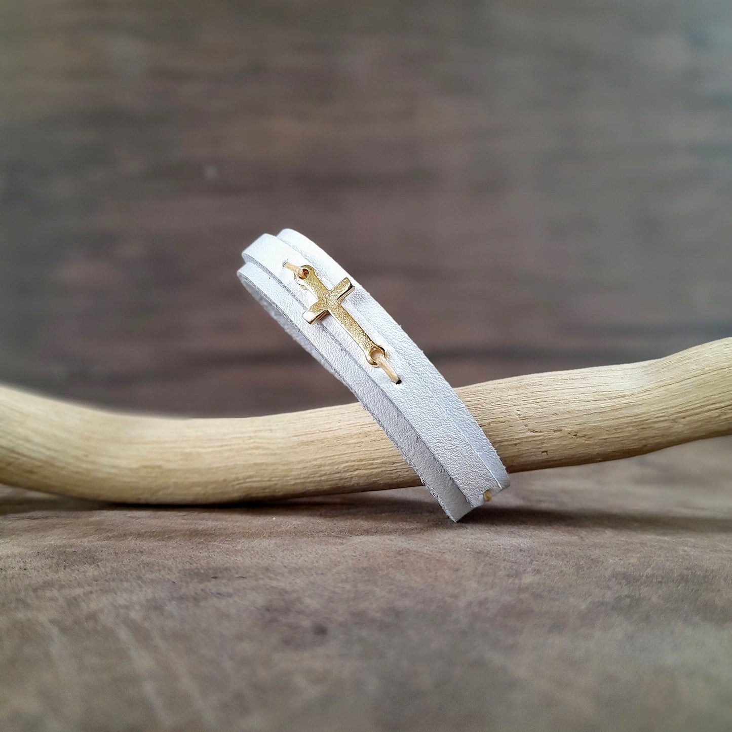 White Leather Bracelet with tiny gold plated cross