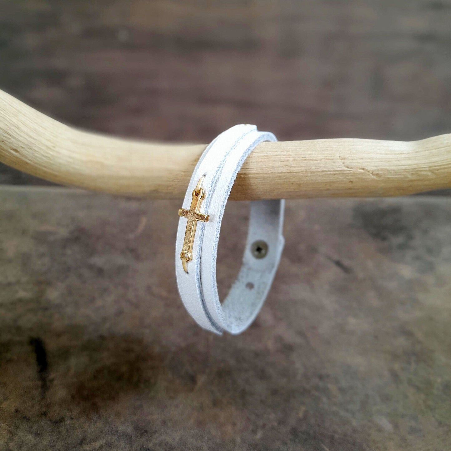 White Leather Bracelet with tiny gold plated cross