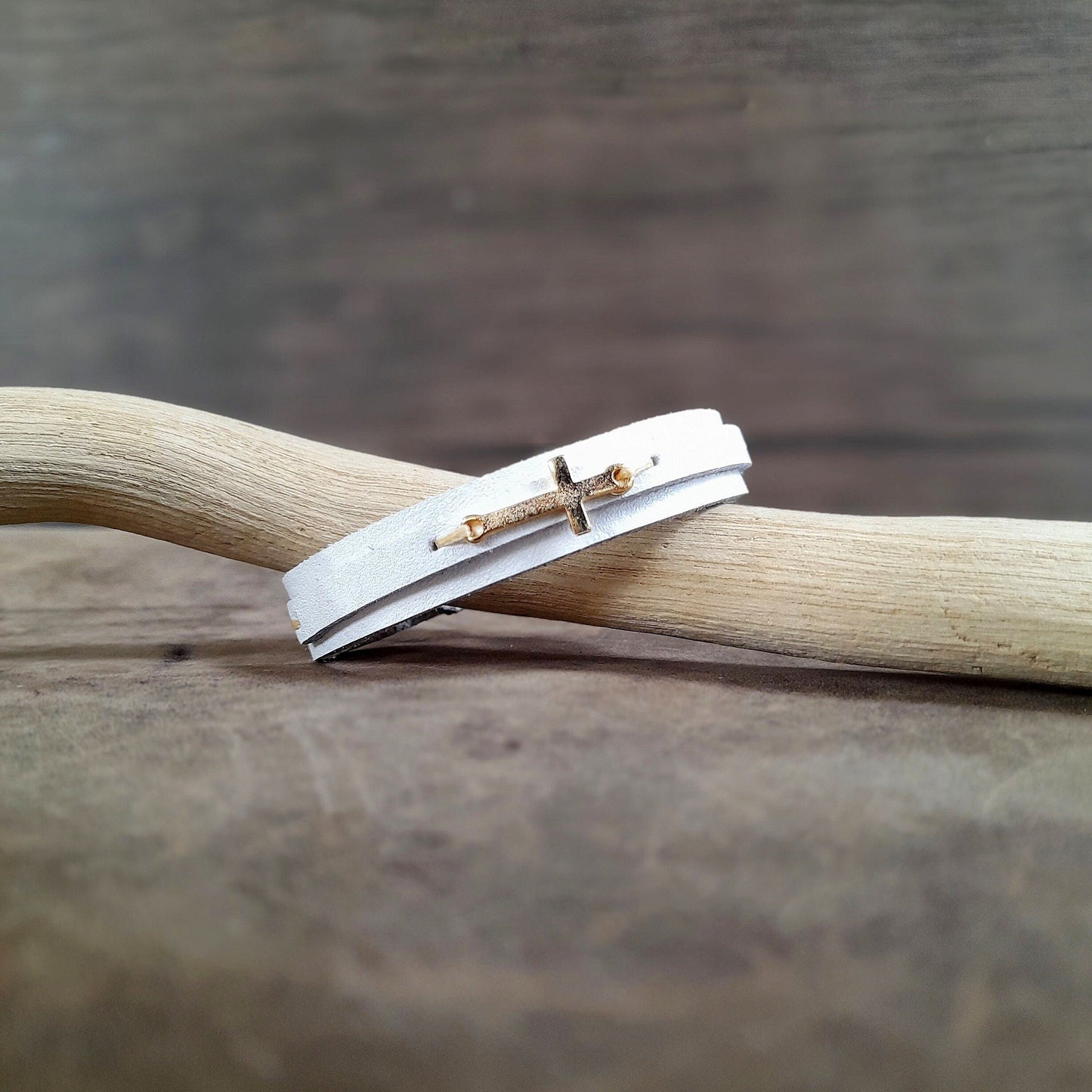 White Leather Bracelet with tiny gold plated cross