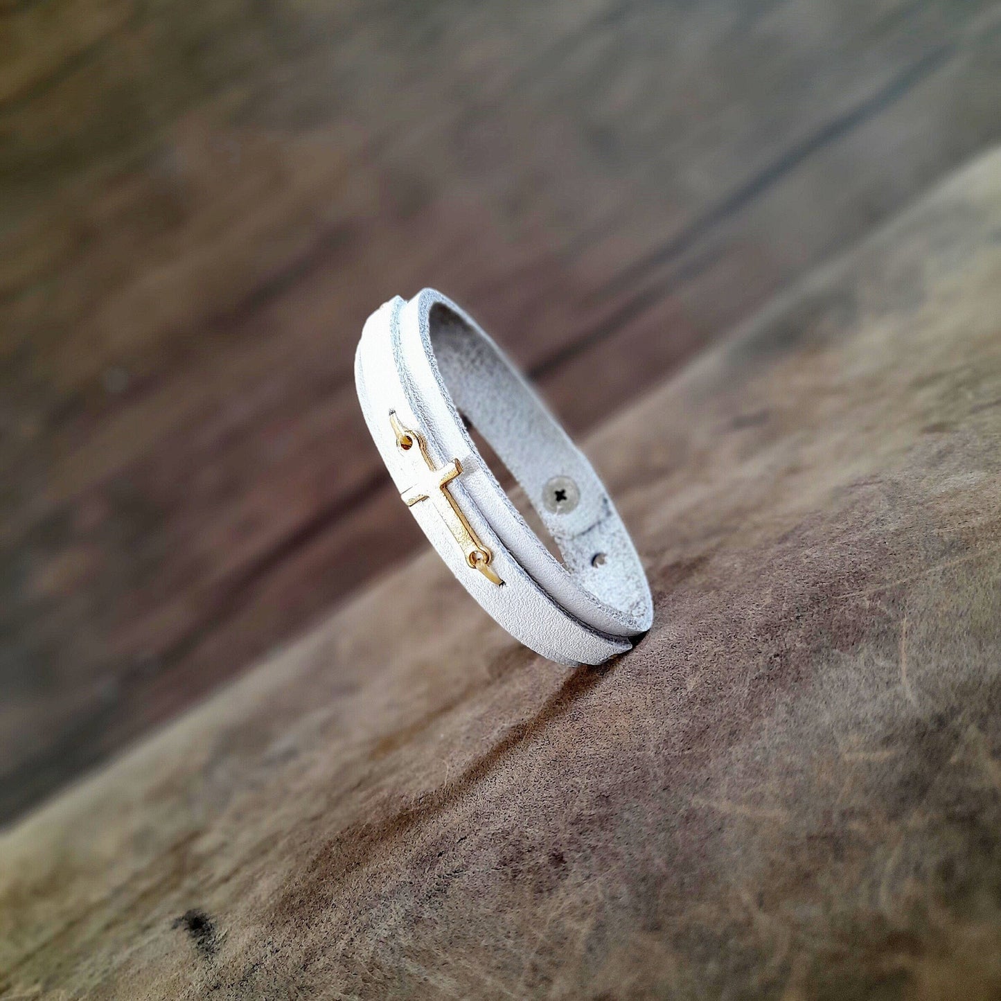 White Leather Bracelet with tiny gold plated cross