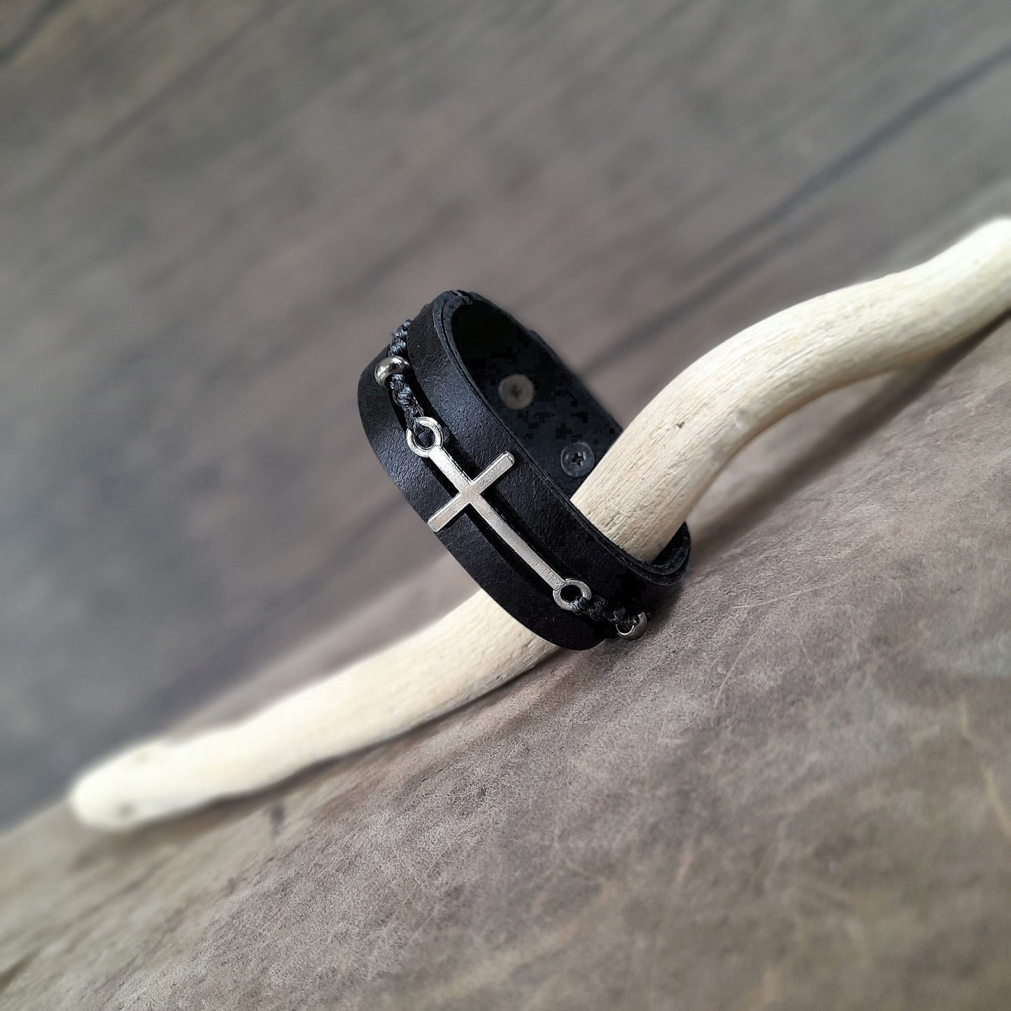 Black Leather Bracelet with Silver Cross and Hematite