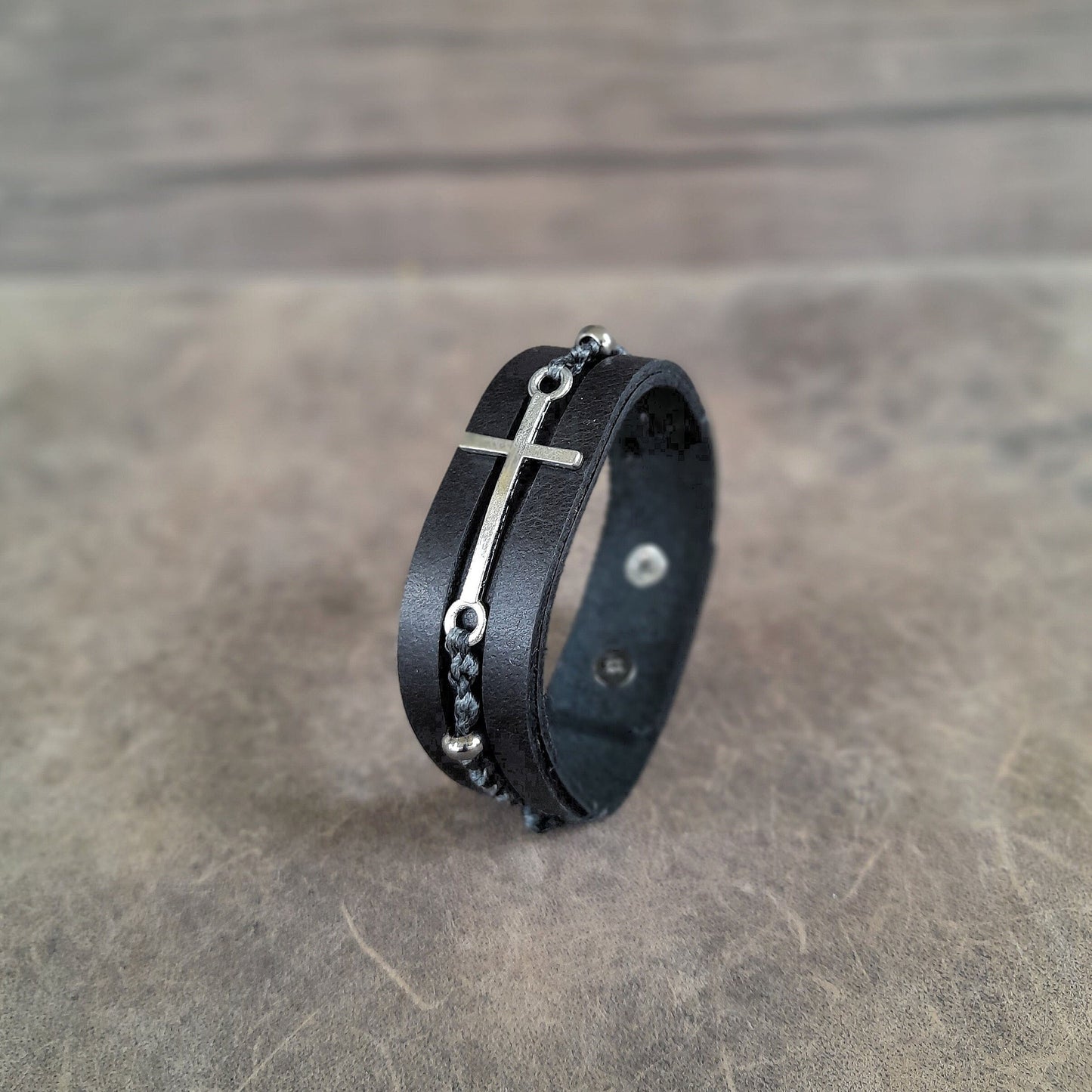 Black Leather Bracelet with Silver Cross and Hematite