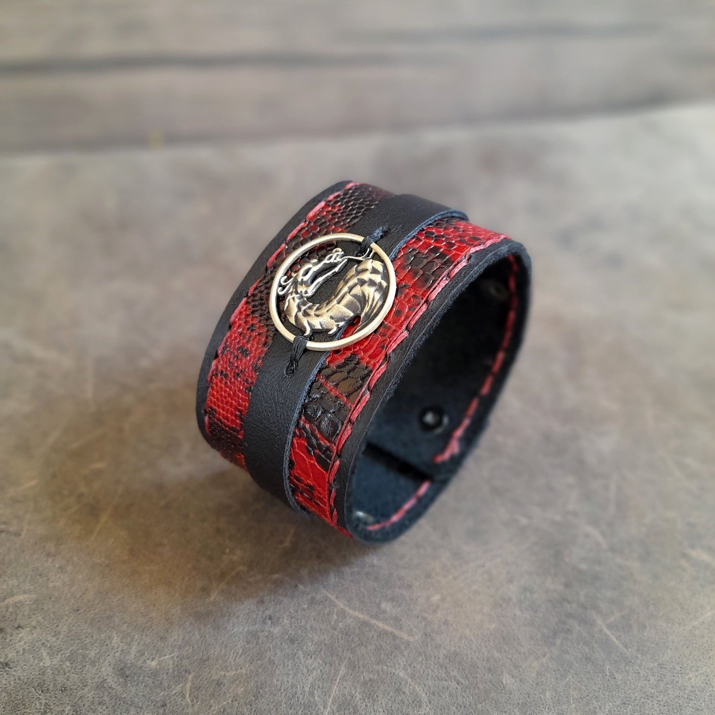 Chinese Dragon Wide Leather Cuff