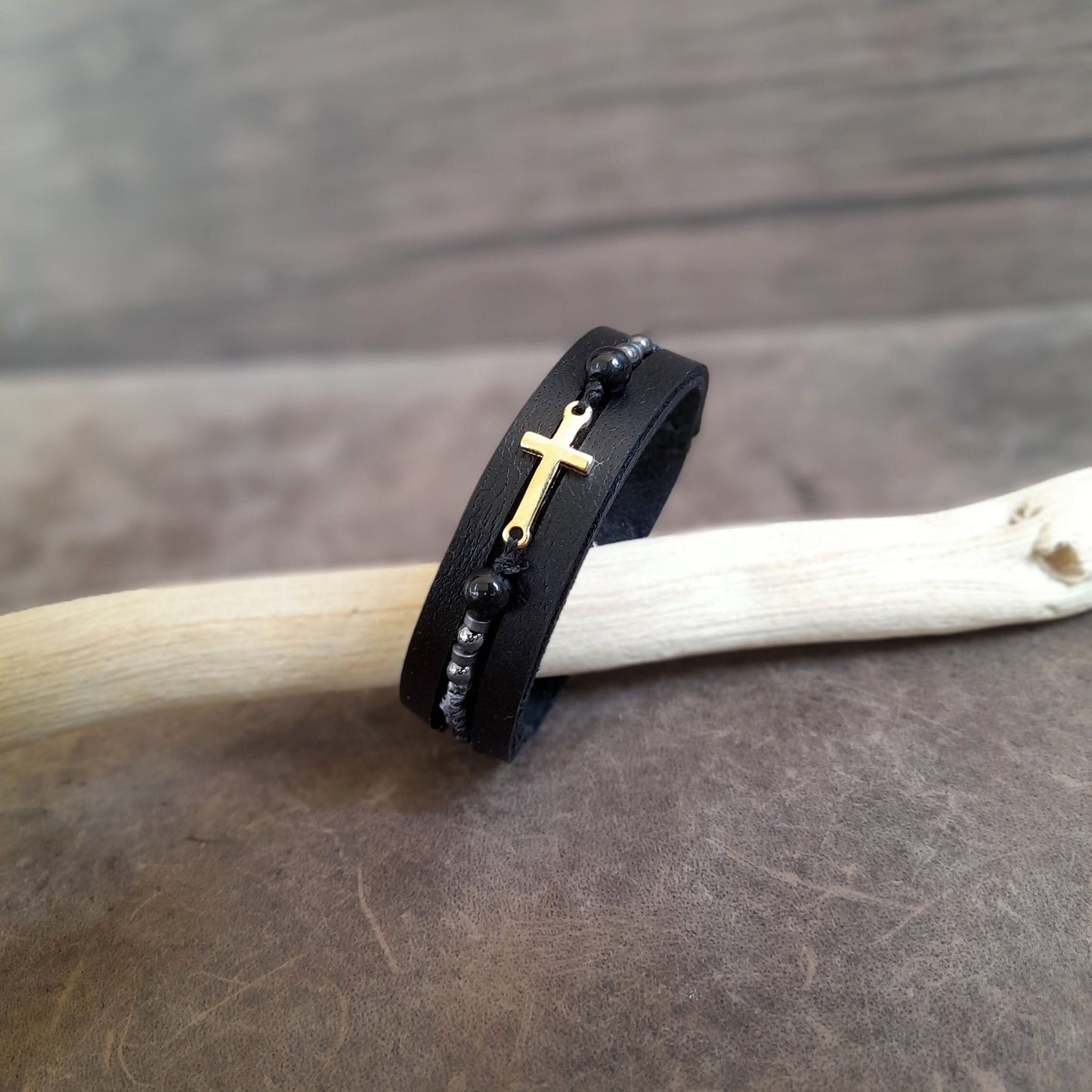 Black Leather Bracelet with Gold Cross and Gemstone Beads