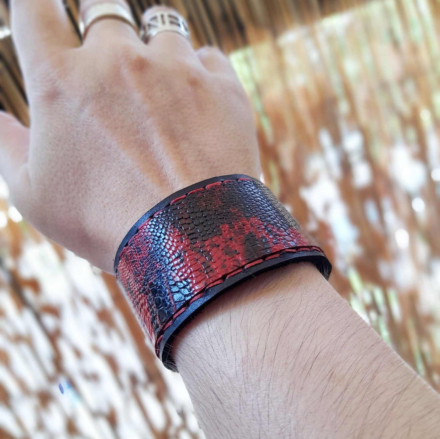 Extra Wide Snake Skin Print Leather Bracelet