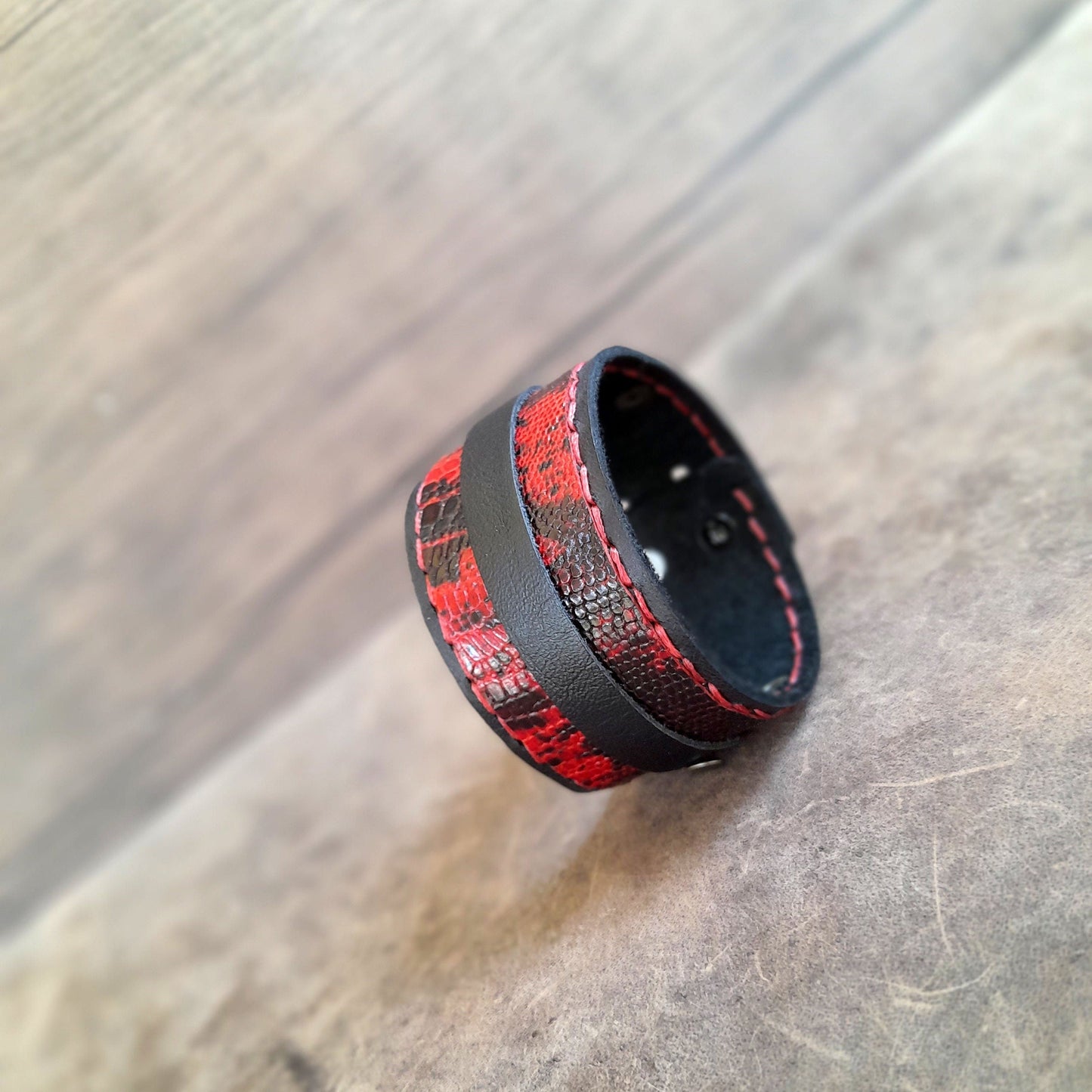 Wide Black Strap Cuff with Red Snake Skin Print