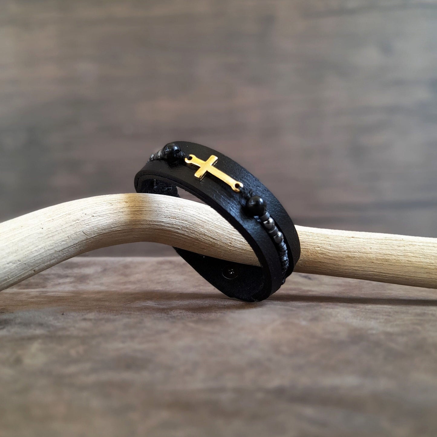 Black Leather Bracelet with Gold Cross and Gemstone Beads