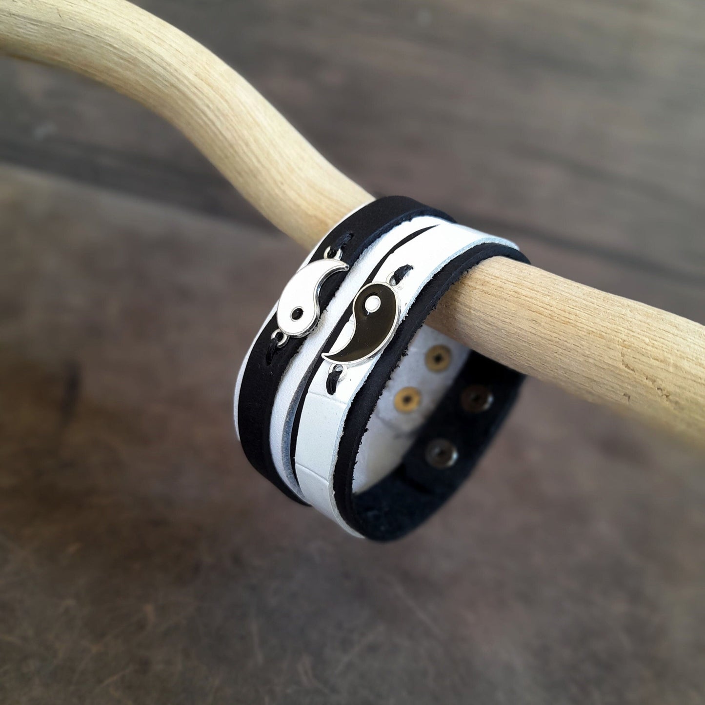 Set of 2 Yin Yang Matching Leather Bracelets, Black and White