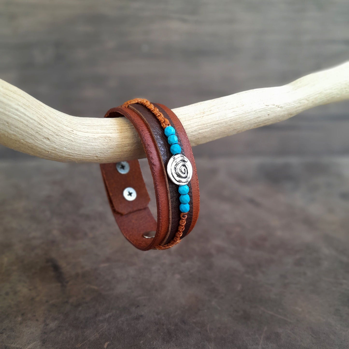 Silver Spiral Leather Bracelet with Turquoise