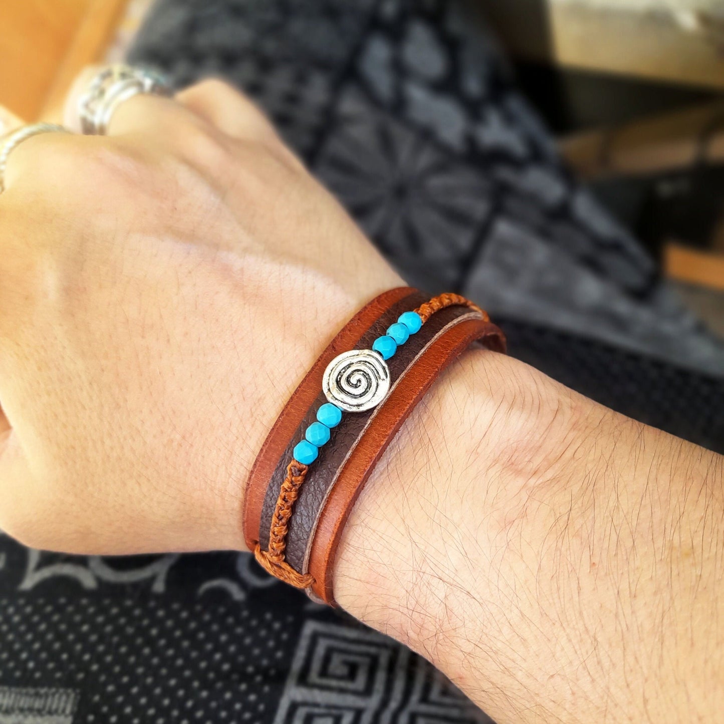 Silver Spiral Leather Bracelet with Turquoise