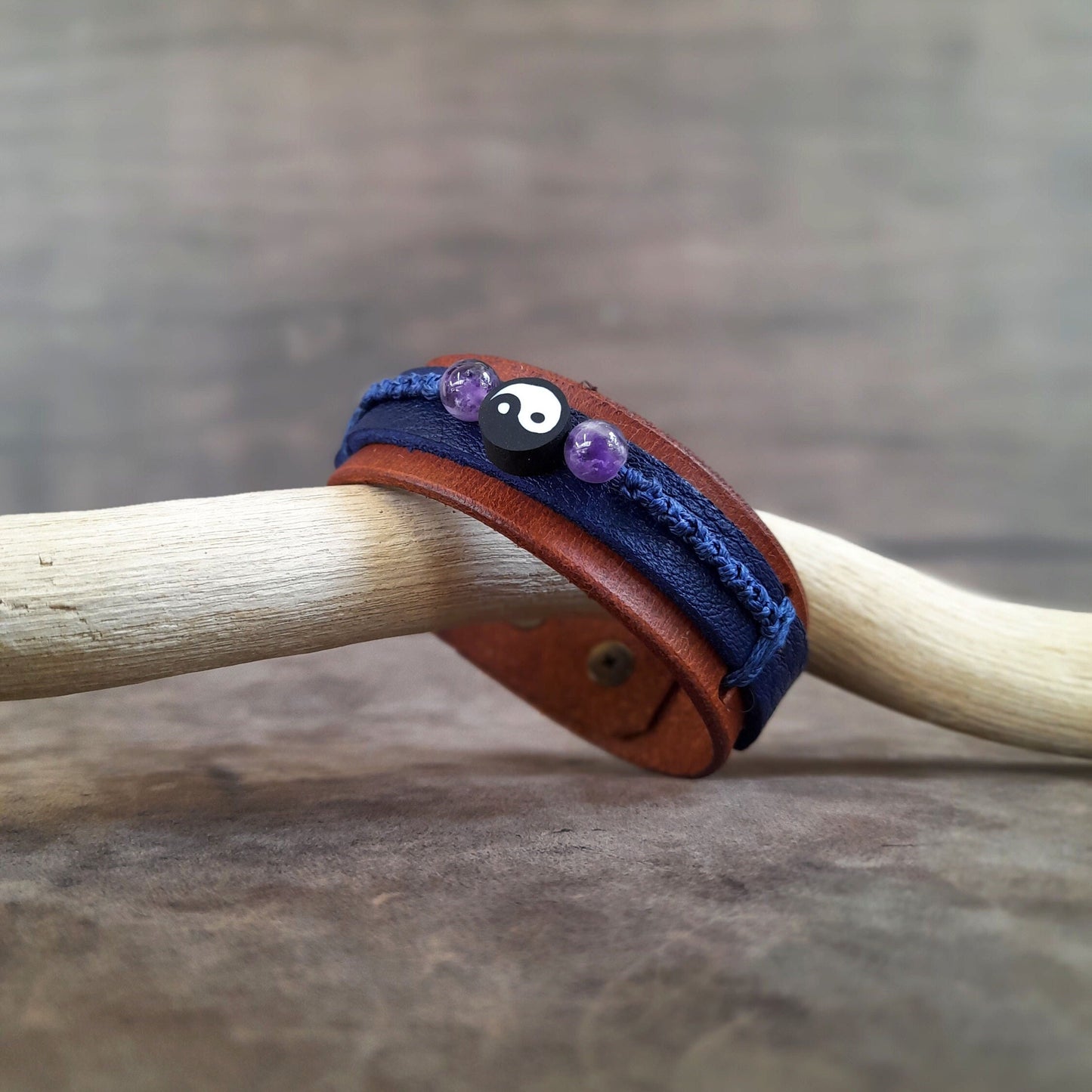 Yin Yang Amethyst Unisex Leather Bracelet