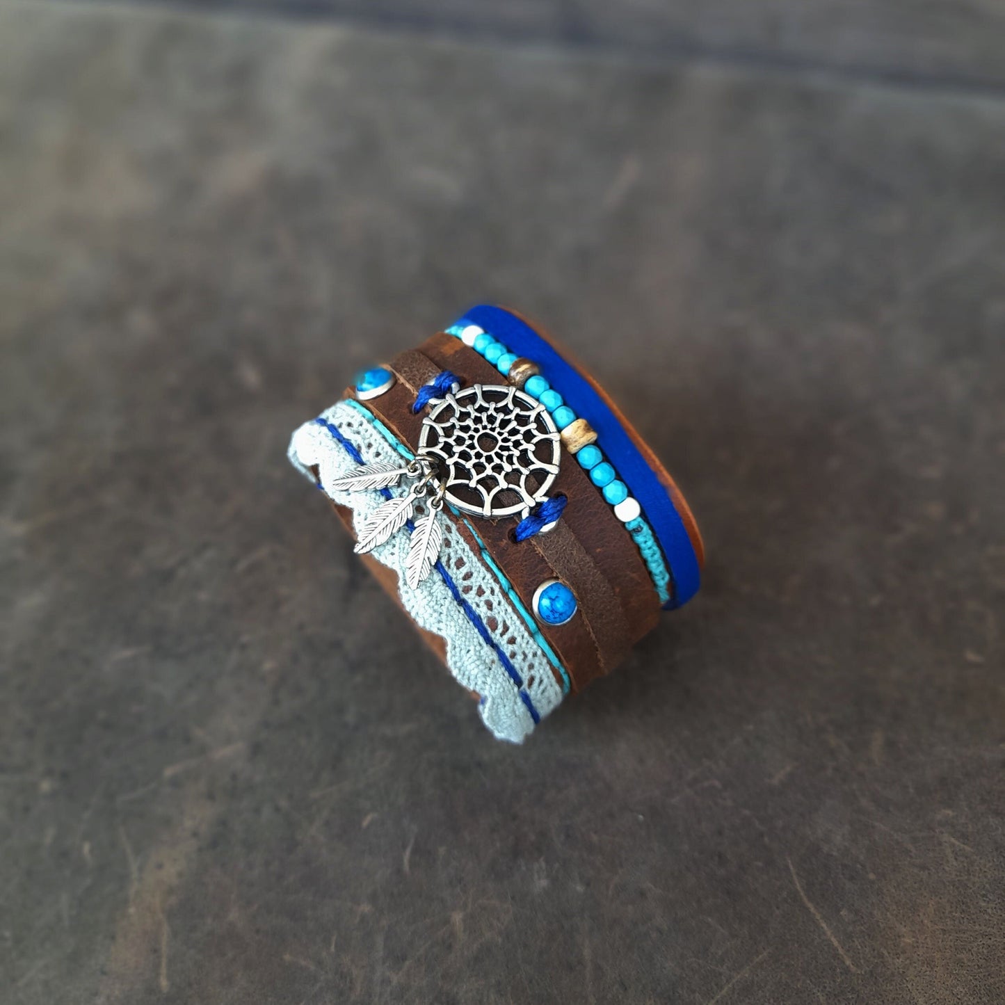 Extra Wide Dream Catcher Boho Leather Cuff