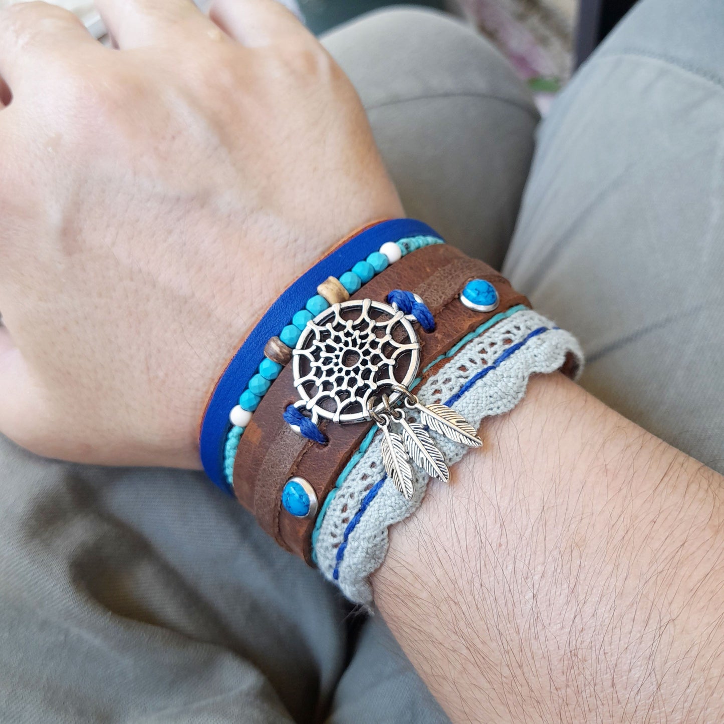 Extra Wide Dream Catcher Boho Leather Cuff